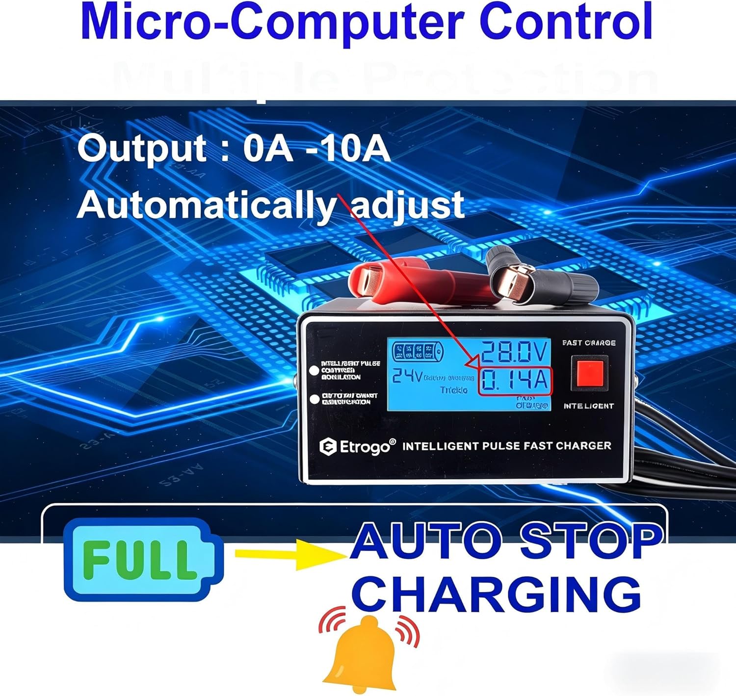 Thumbnail 4 de Etrogo Intelligentes 12V/24V 10A Ladegerät – 5‑Phasen-Ladegerät mit LCD, kompatibel mit Blei-Säure-Batterien