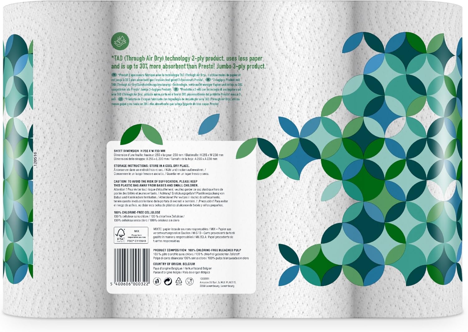 Detalle de Presto! Essuie-tout TAD Extra Absorbant – Lot de 32 rouleaux (51 feuilles par rouleau) – FSC certifié