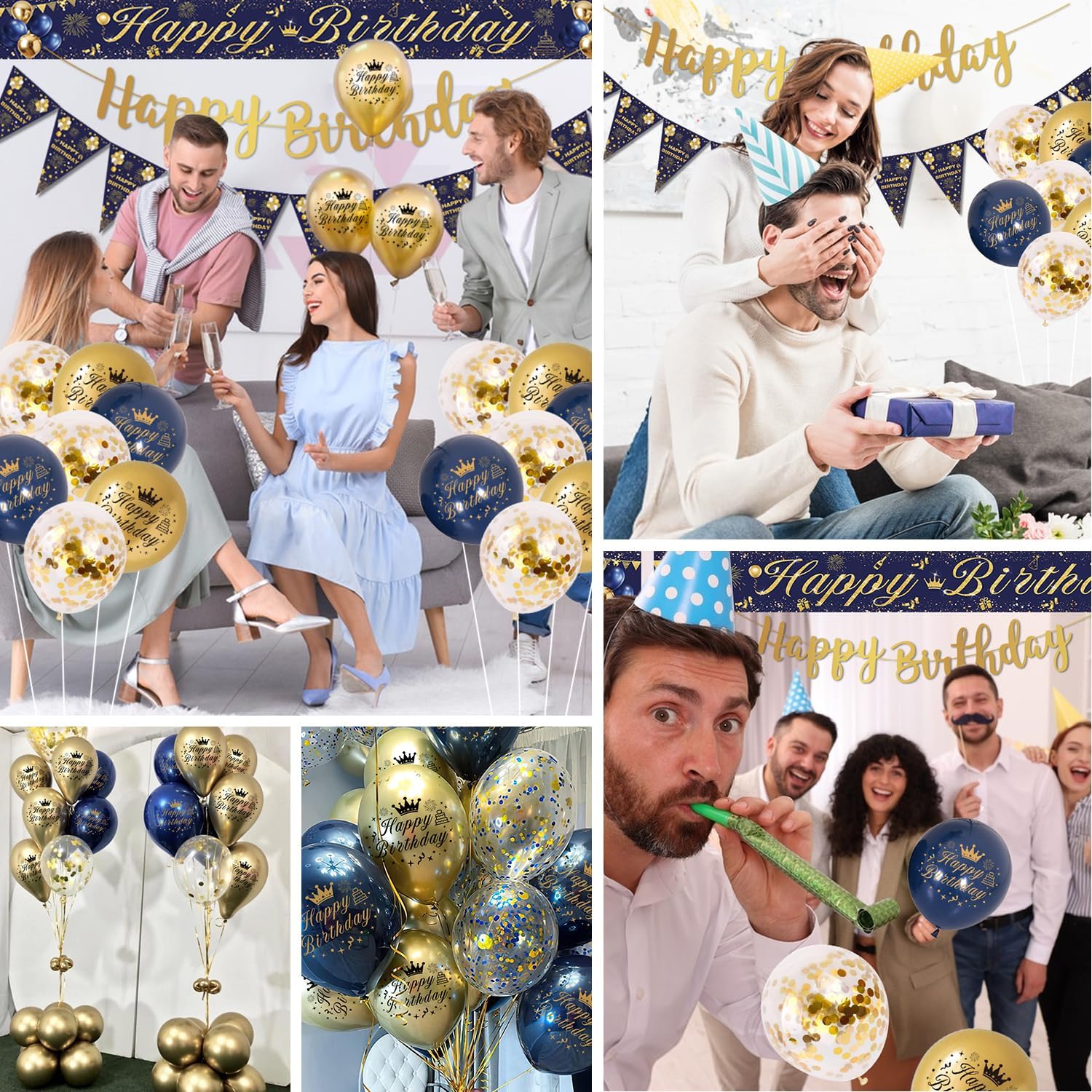 Thumbnail 5 de Birthday Decorations for Men – Blue & Gold Party Set with Happy Birthday Banner