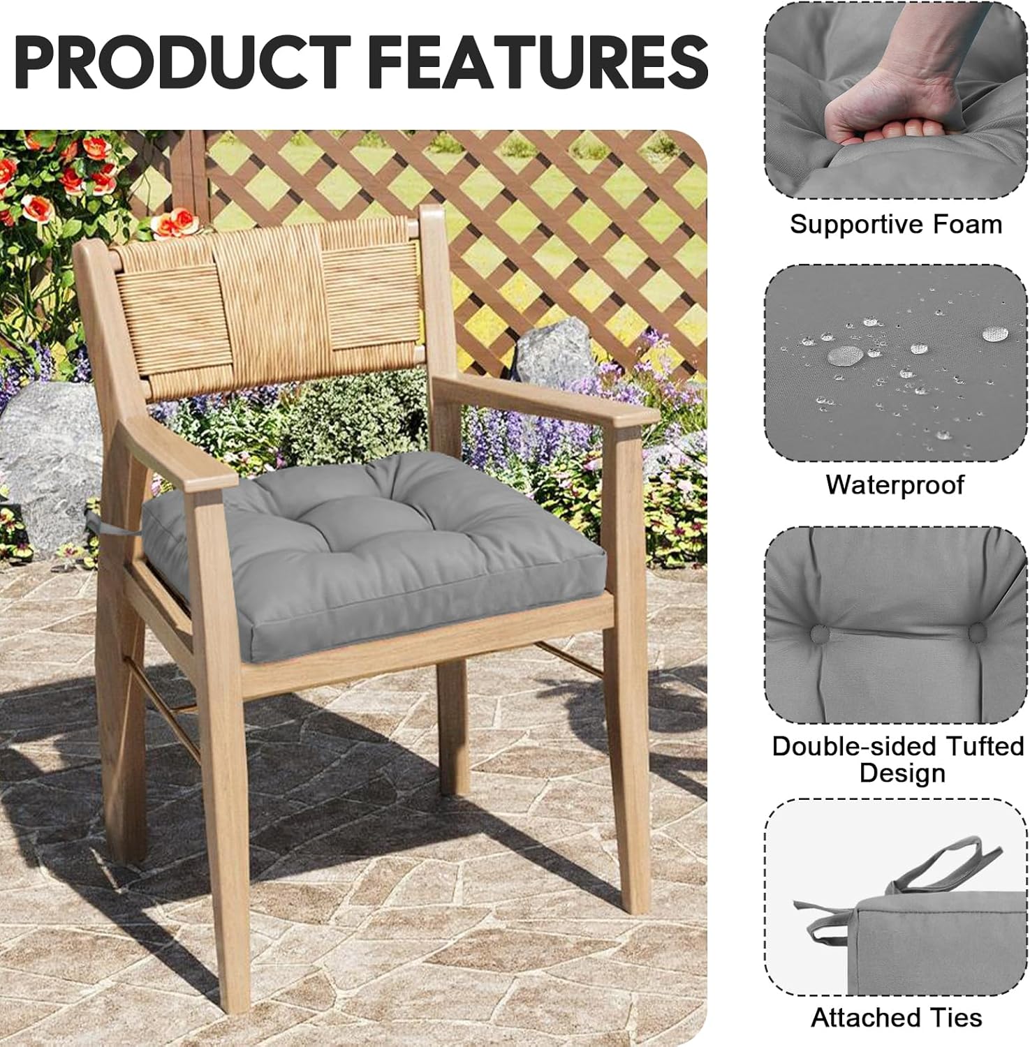 Thumbnail 3 de PRIMEPATIO Outdoor Garden Chair Cushions Set of 2 (8cm) – 50 x 50cm, Grey