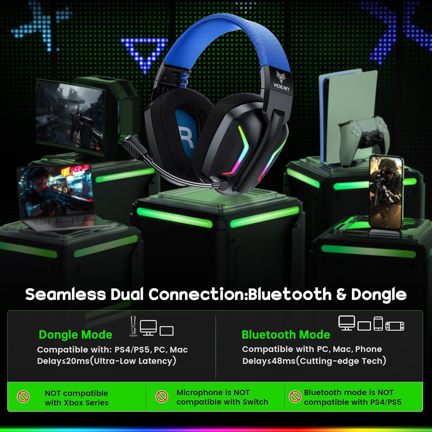 Thumbnail 1 de WESEARY WG1 kabelloses Gaming-Headset für PS5, PS4, PC, Switch und weitere Geräte (Bluetooth & 2,4-GHz, mit Mikrofon)