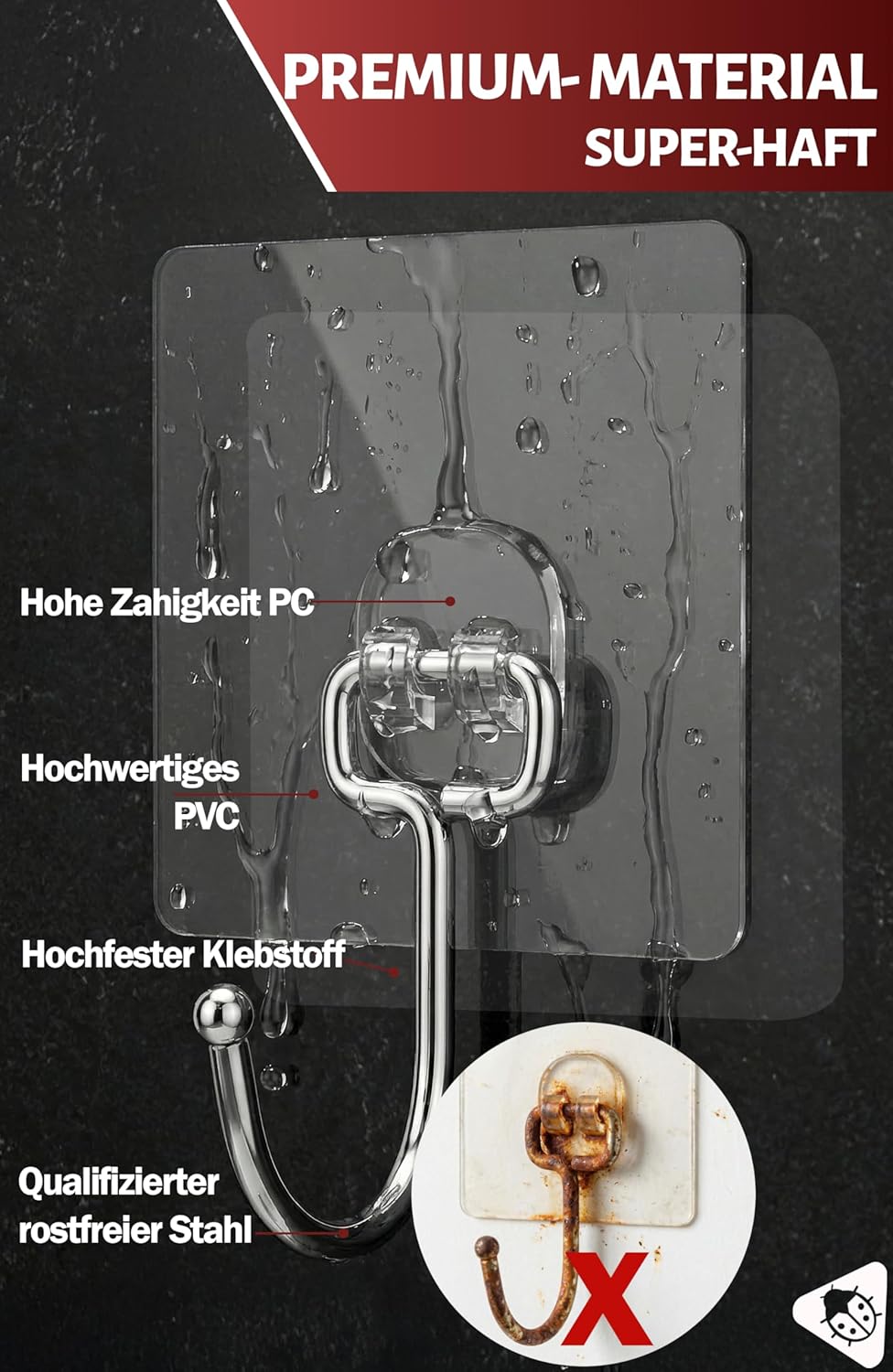 Thumbnail 3 de Menz Klebehaken extra stark (15 kg), 10er-Set – transparente, selbstklebende Haken mit 180° Drehfunktion