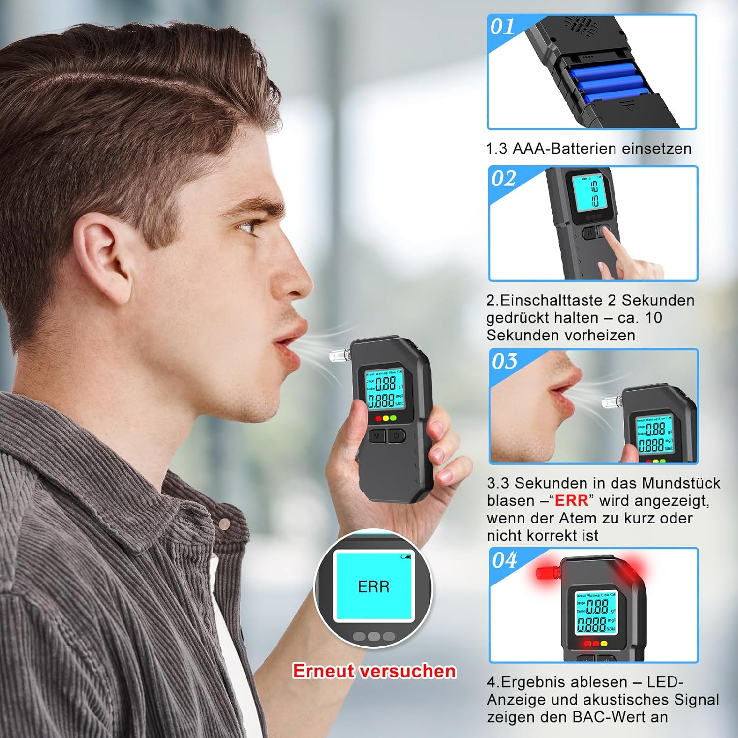Detalle 2 de Alkoholtester Alkotester Atemalkoholtester Promilltester Dual-Sensor, LCD-Display, 20 Mundstücke – tragbar für Auto & Zuhause (Schwarz)