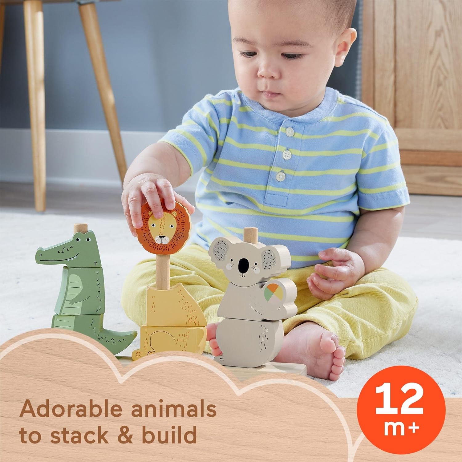 Detalle de Fisher-Price Wood Baby Toy Stack & Sort Animals (HXV04): A durable wooden sorting toy for 1+ years