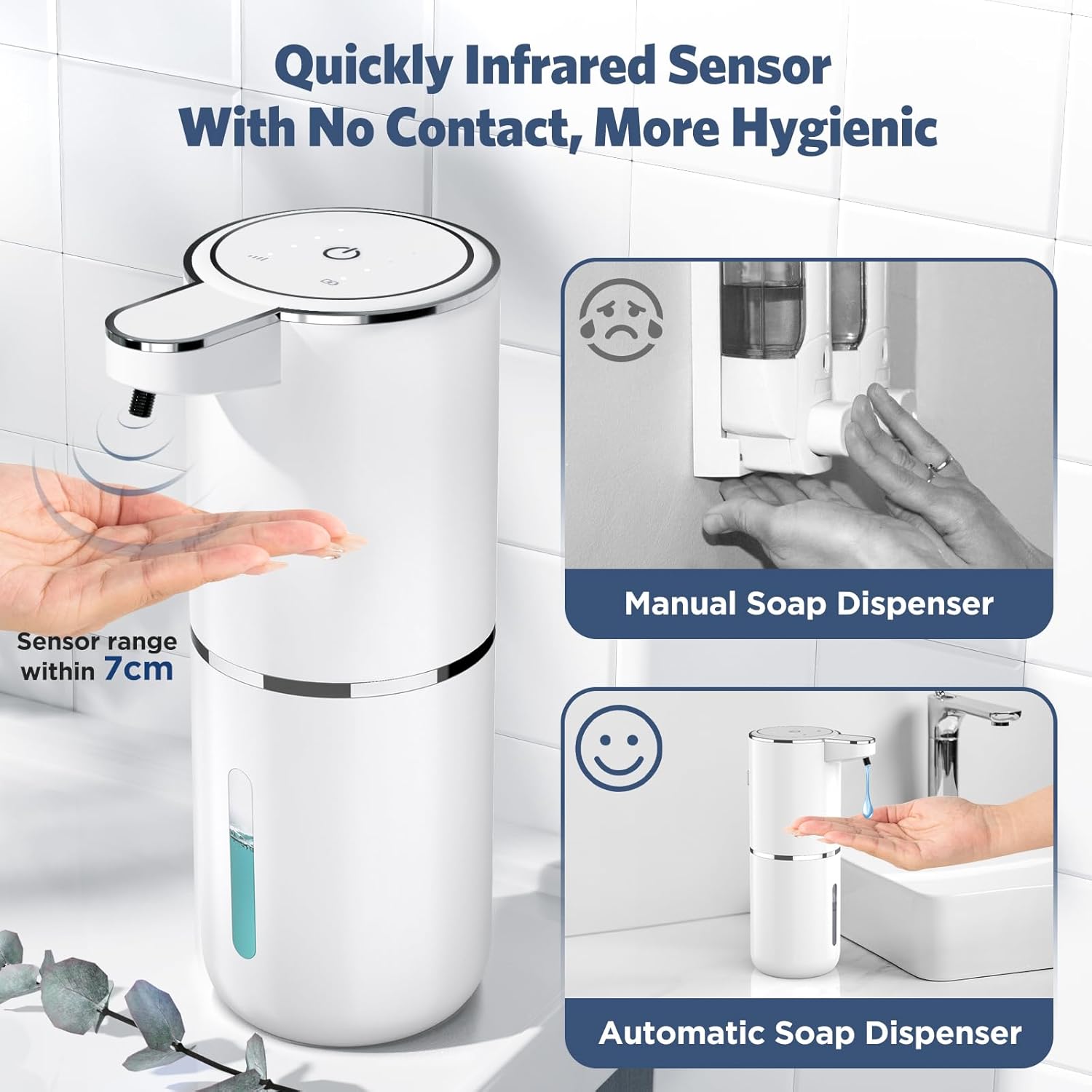 Detalle de HAPPHOOH Seifenspender Automatisch – 380 ml, Sensor, USB-Aufladung, IPX5, Wand- oder Tischmontage