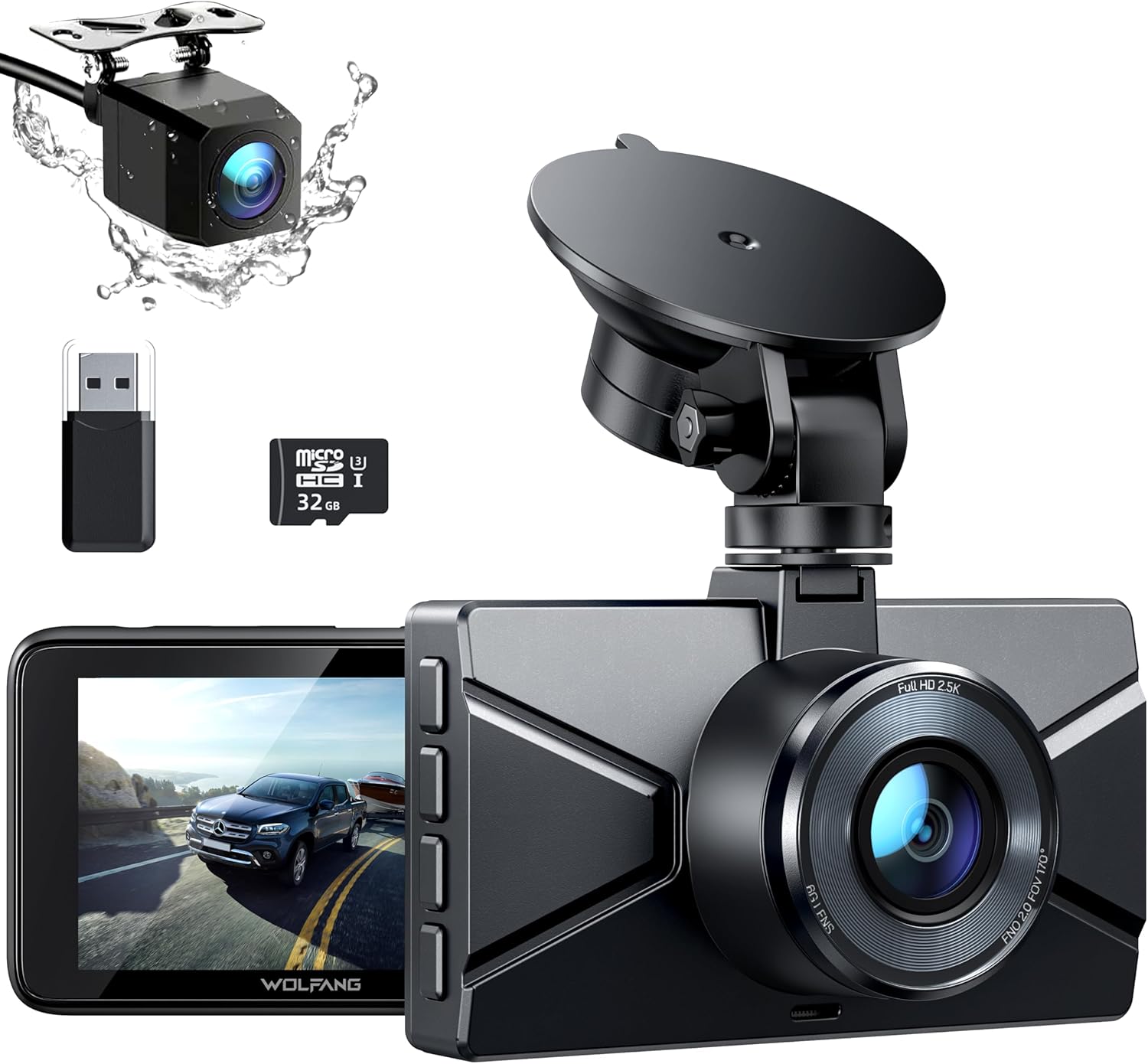 Detalle de WOLFANG Dashcam Auto vorne & hinten 2,5K + 1080P mit 170° Weitwinkel, WDR und 24h Parkmodus inkl. 32-GB-SD