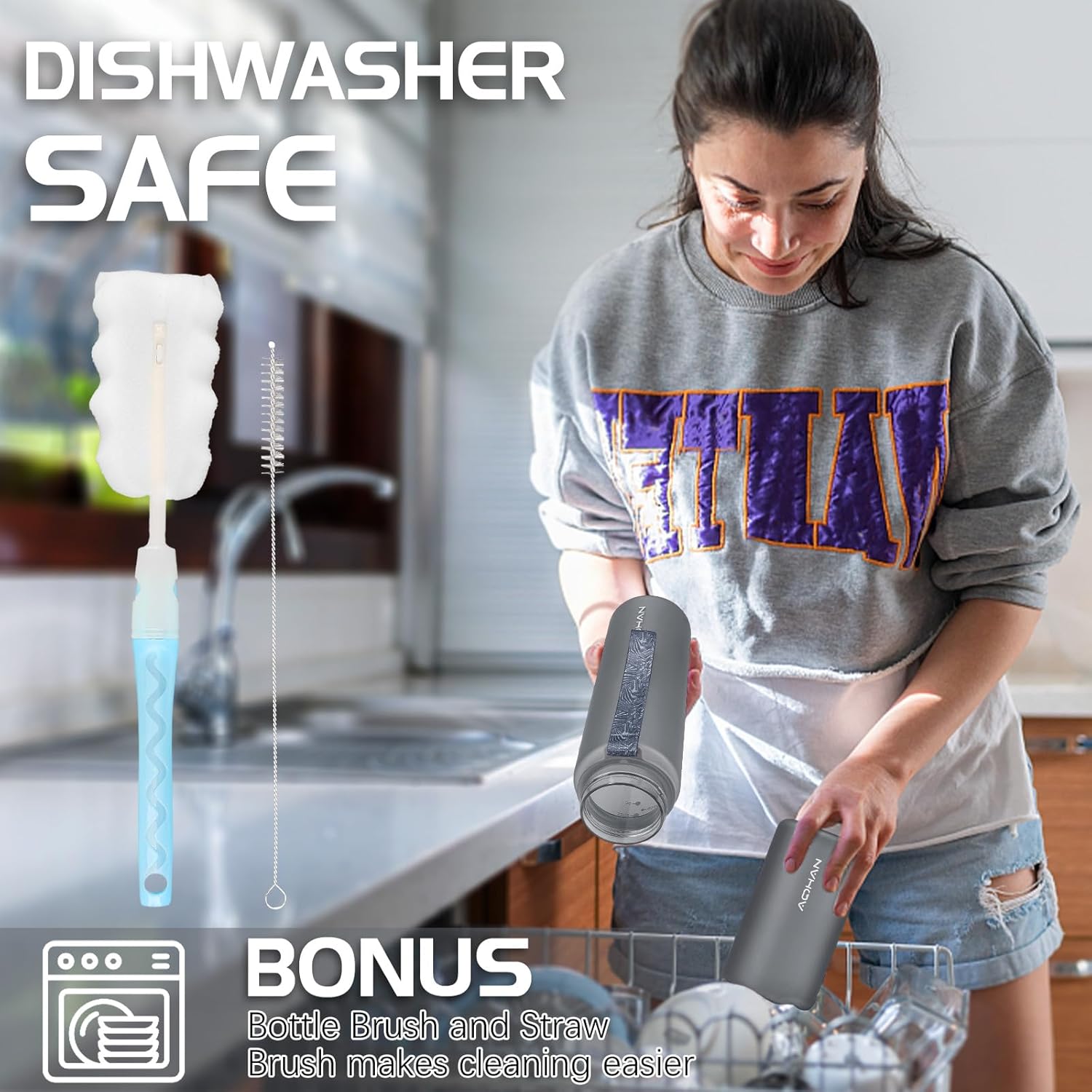 Thumbnail 5 de AOHAN Trinkflasche 600 ml mit auslaufsicherem Klappdeckel, Stroh und Tragegurt (BPA-frei)