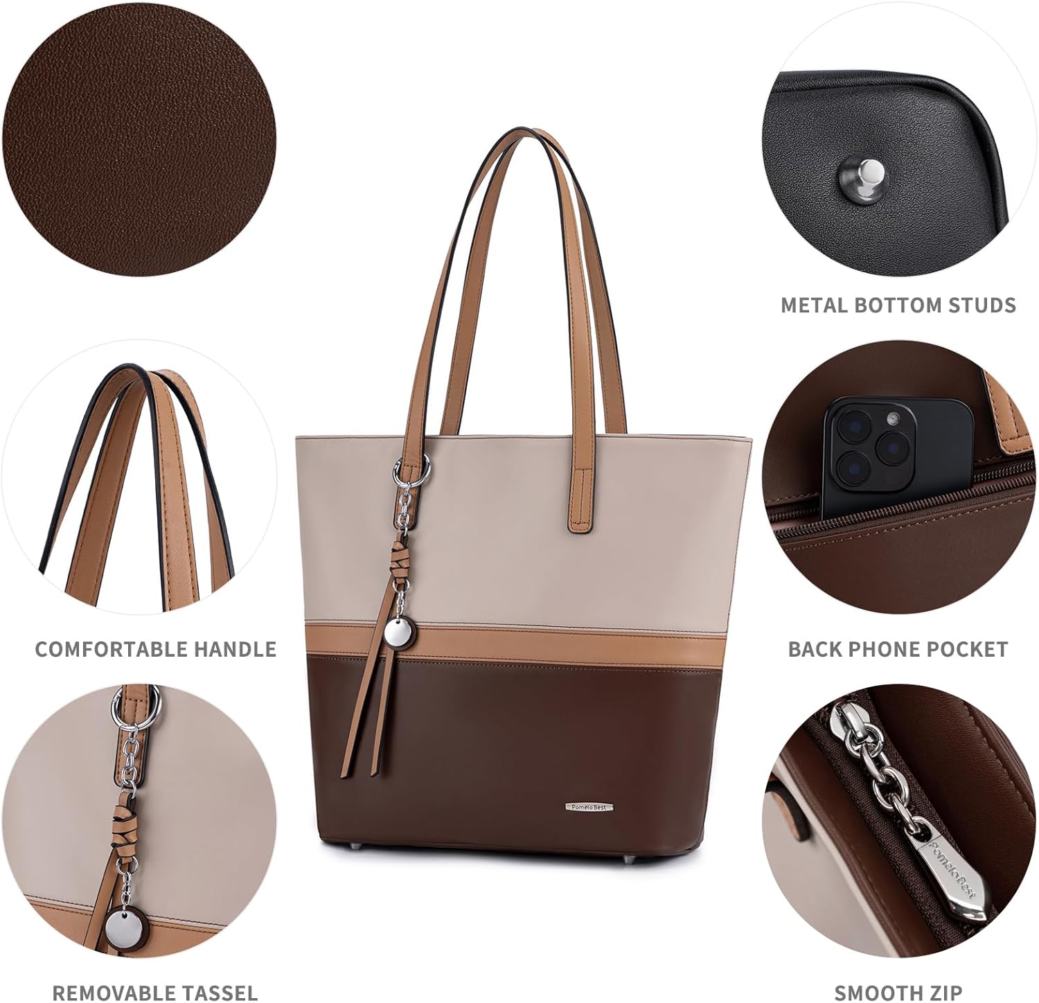 Detalle de Pomelo Best Borsa Tote Donna Grande in Pelle PU Morbida, 32x32x11 cm