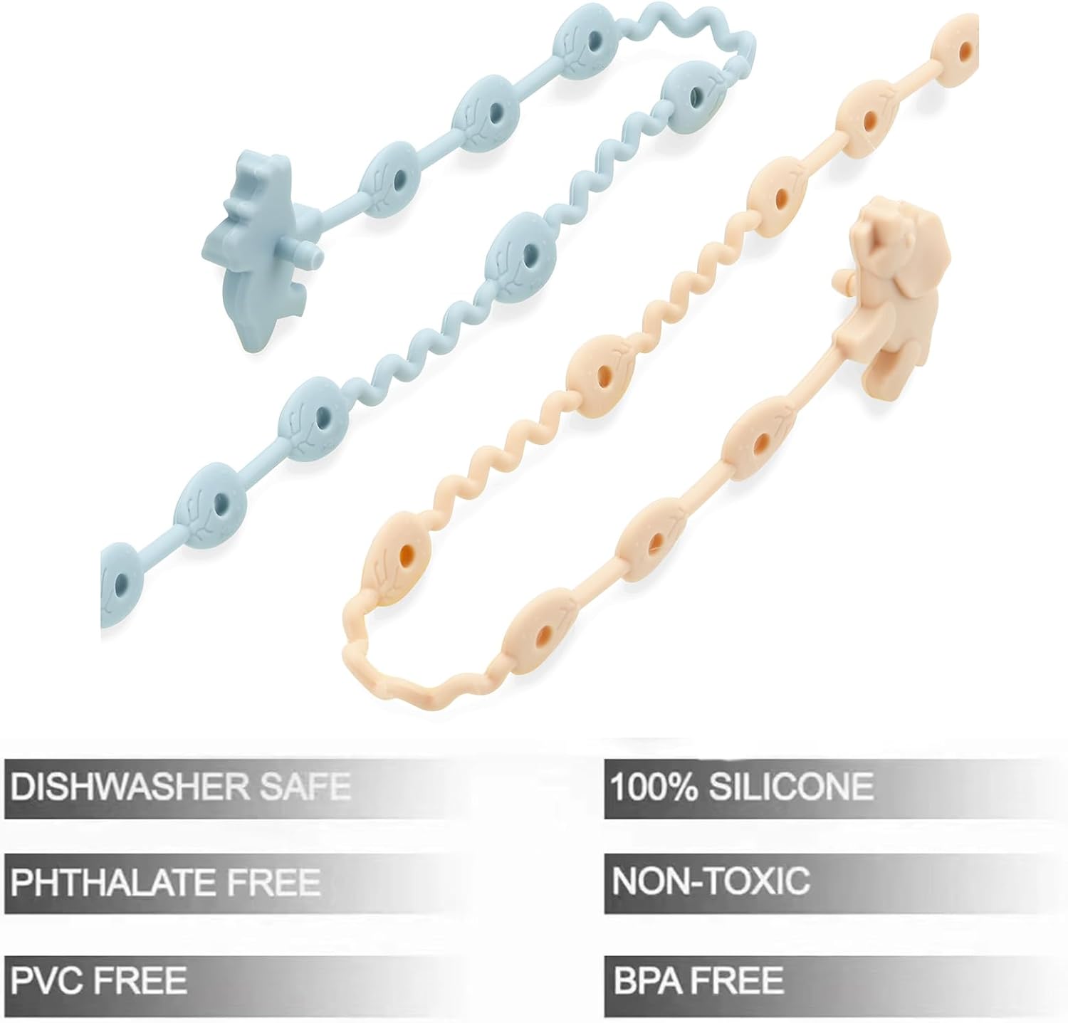 Detalle de PandaEar Silicone Toy Straps (5 Pack) with Dinosaur Clips – Adjustable Dummy Teether & Bottle Holders