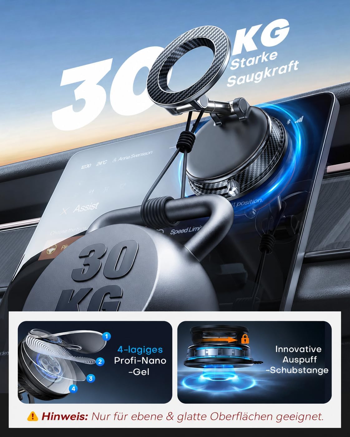 Detalle de Peerock MagSafe Auto-Halterung: Nanogel-Vakuum mit 360° Drehung, 30 kg Haltekraft und 2800 gf Magneten
