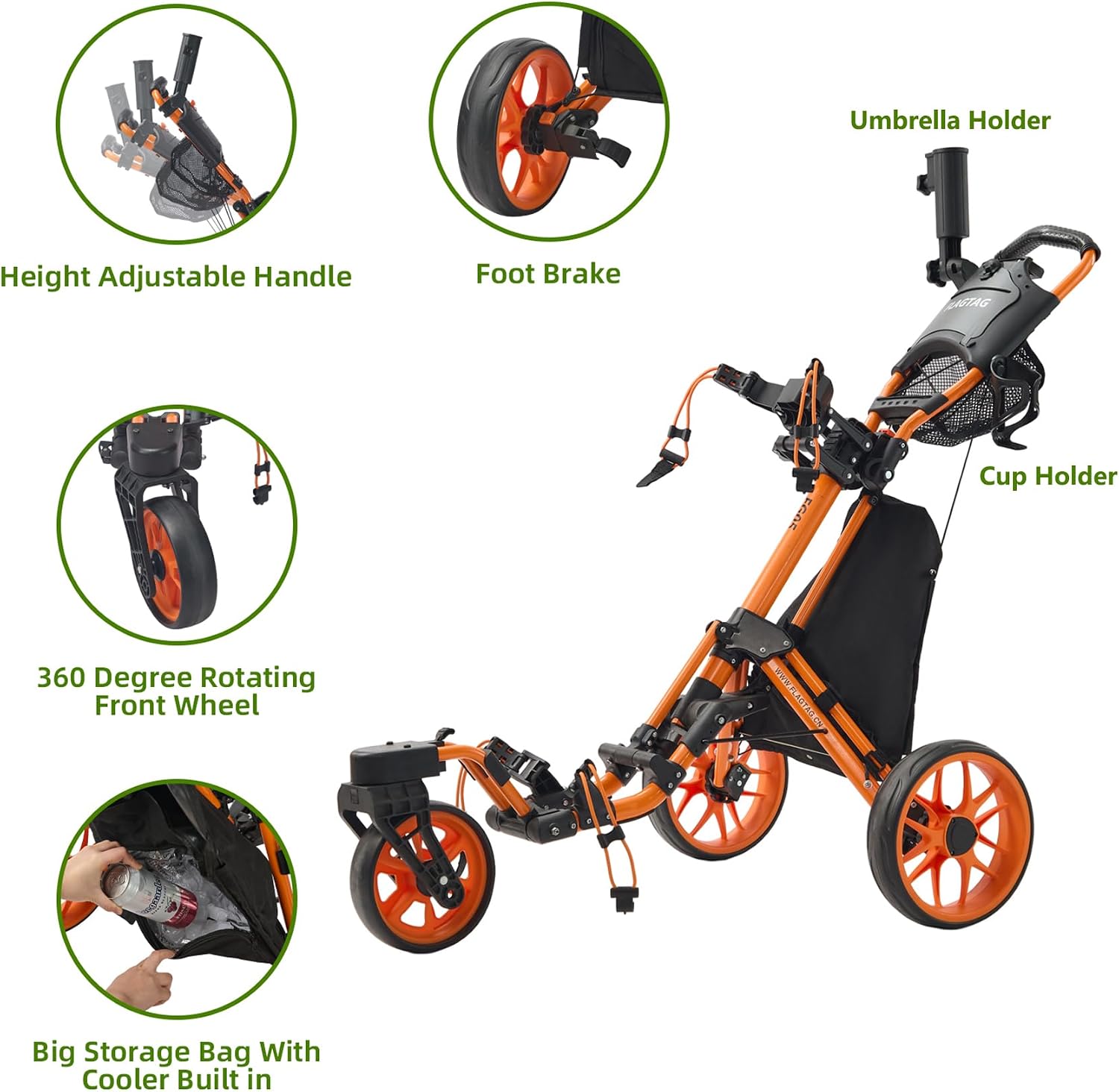 Detalle de FLAGTAG 3-Wheel Golf Push Cart with 360° Swivel Front Wheel, Foldable Design & Foot Brake