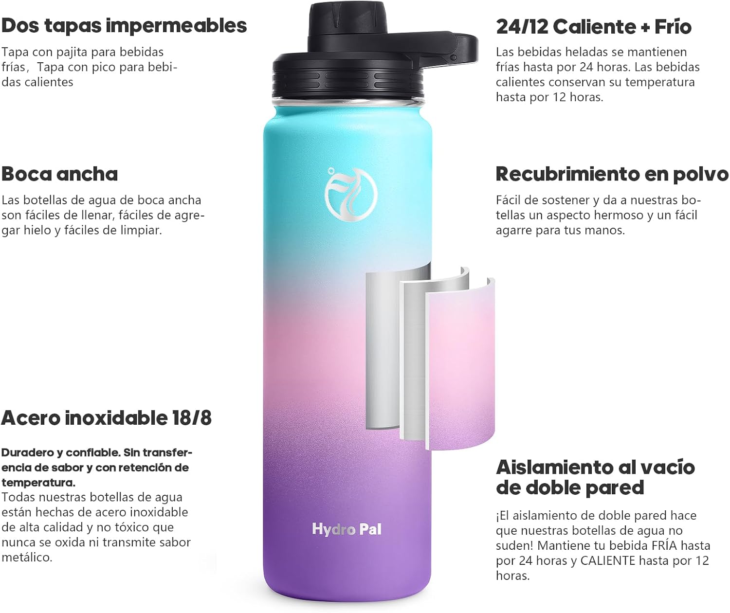 Thumbnail 1 de HydroPal Edelstahl Trinkflasche – 500–1.9 L, BPA-frei, vakuumisoliert mit zwei Deckeln