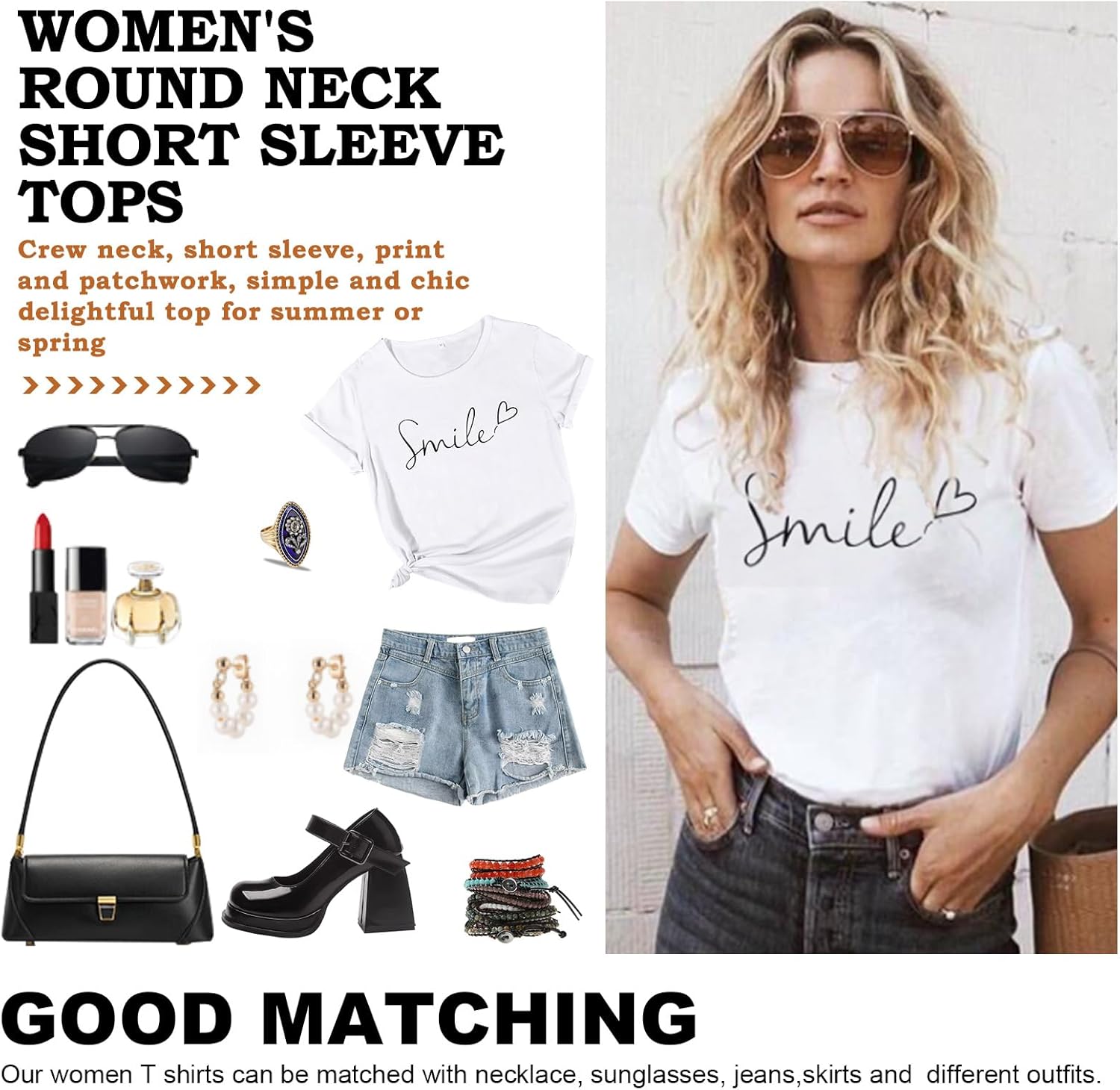 Thumbnail 3 de Tuopuda Damen T-Shirt Sommer Rundhals Kurzarm mit Lächeln-Print – Basic Baumwollshirt, angenehm tragbar