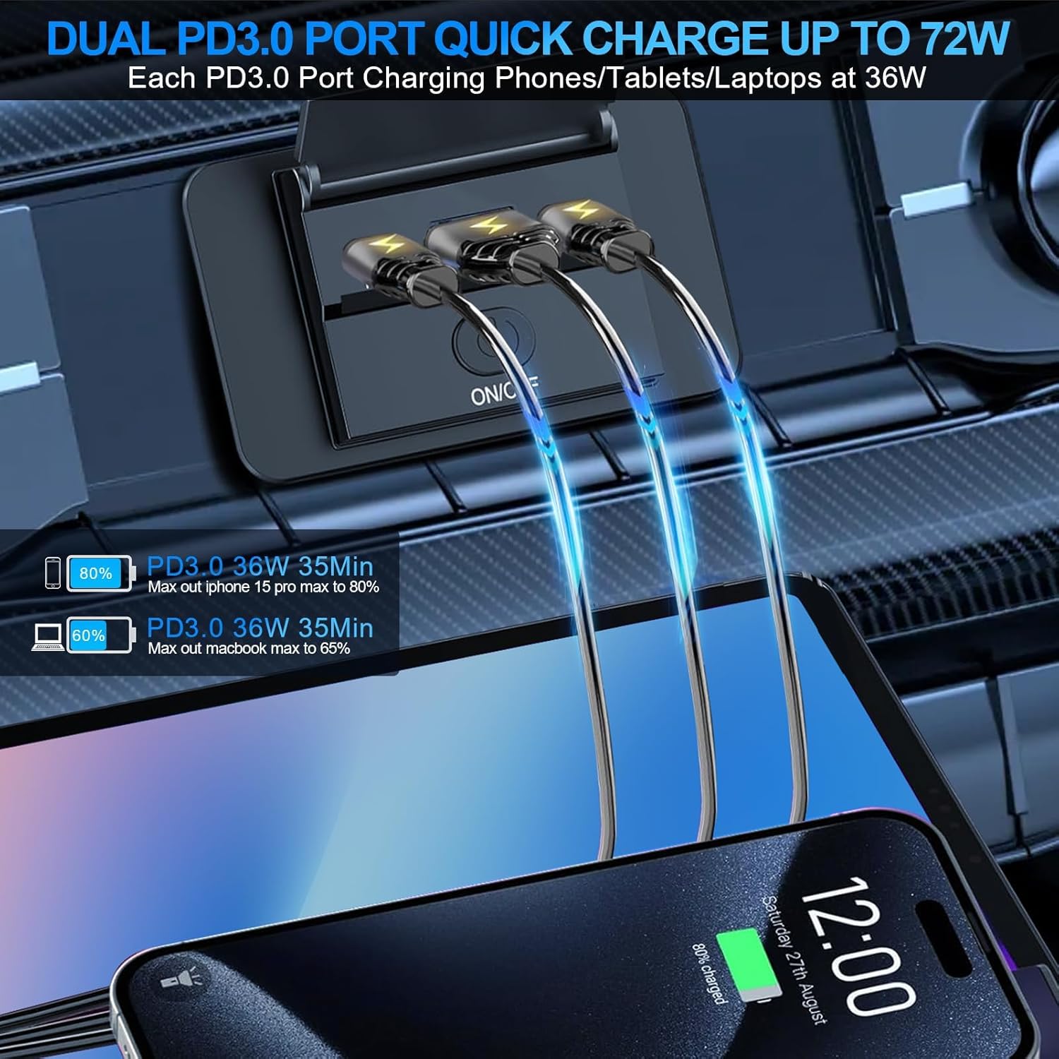 Thumbnail 1 de 2PCS 3-Port 12V RV USB Outlet (90W) with Dual PD3.0 Type‑C 72W + USB‑A QC3.0 18W, Panel Wall Mount Charger Adapter