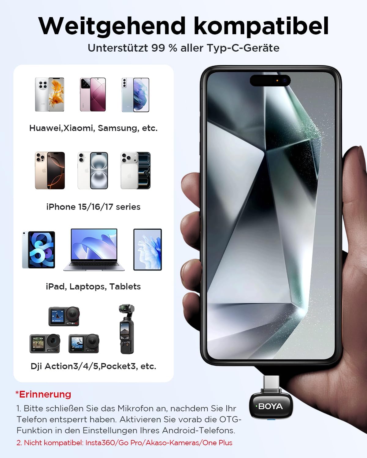 Detalle de BOYA Mini 2 Mikrofon Handy – kabelloses Lavalier für iPhone 15/16/17 & Android USB‑C