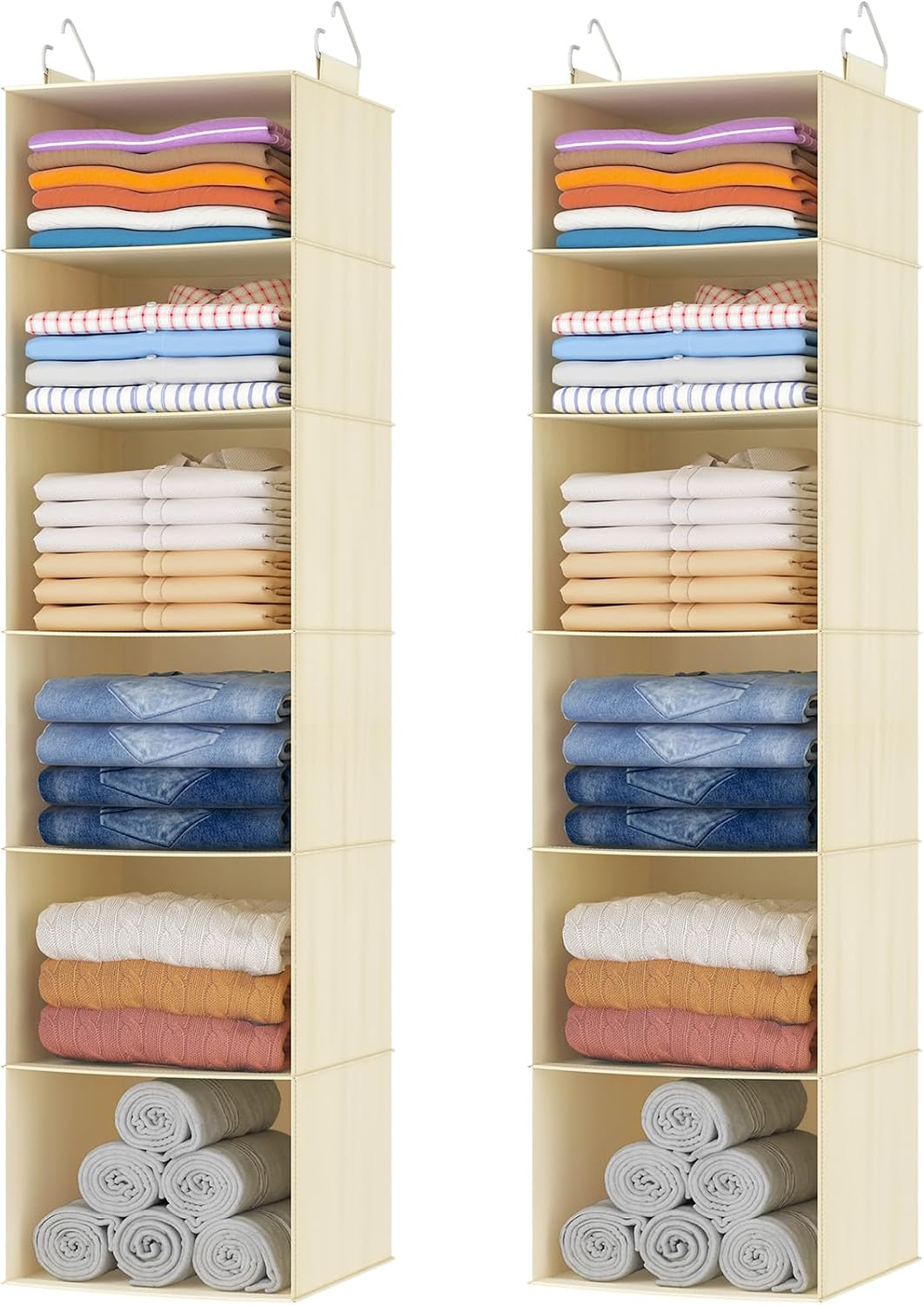 Detalle de Lifewit 25081 Hanging Wardrobe Organiser, 6 Tiers, Foldable, Beige, 2 Pack