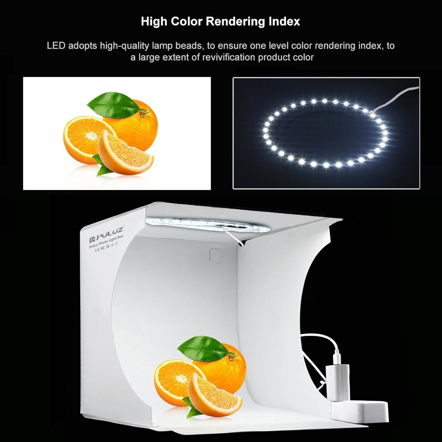 Detalle de PULUZ Mini-Fotostudio mit 72 LED-Leuchten, 6 farbigen Hintergründen und dimmbarer Lichtsteuerung