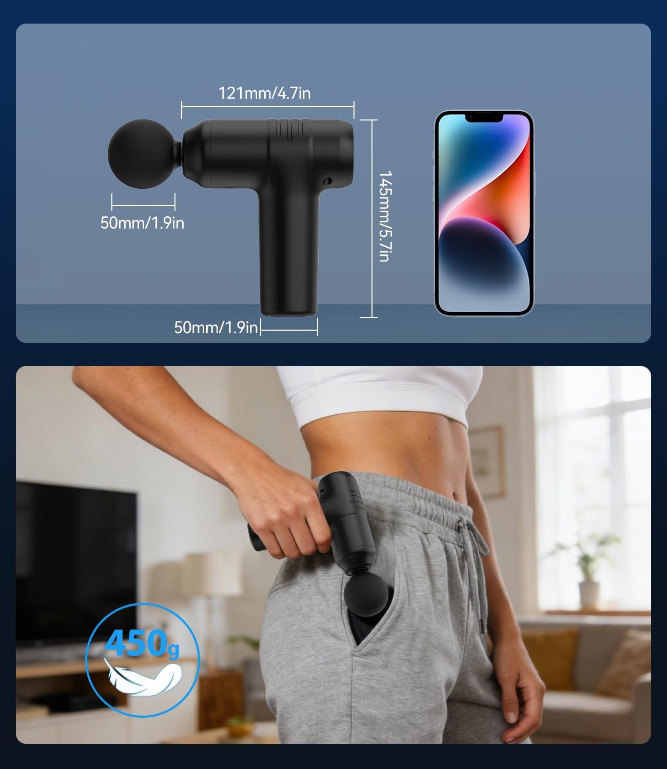Thumbnail 6 de Mini Pistola Massaggio Muscolare 30 Velocità, 450 g, Ultraleggera, Silenziosa 35dB con 4 Testine, ricarica USB-C e Display LED