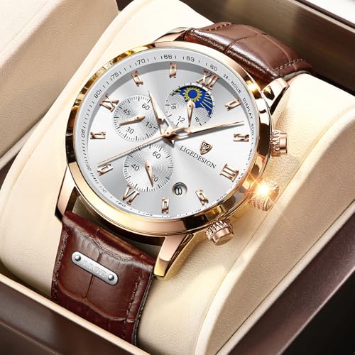 Thumbnail 7 de LIGE Montre homme vintage chronographe, cuir, 3 ATM, cadran or et blanc