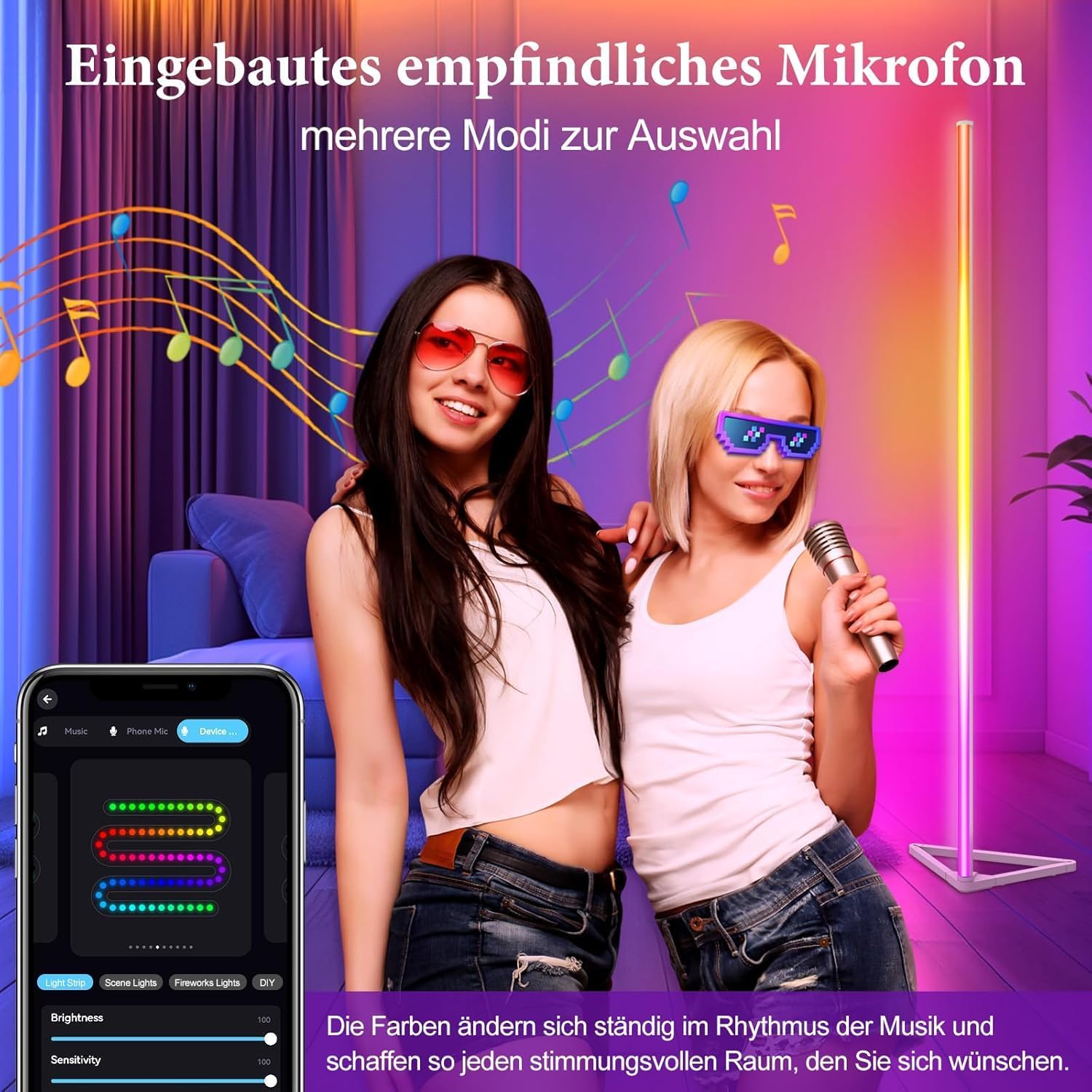 Thumbnail 3 de LED Stehlampe für Wohnzimmer 140 cm dimmbar – RGB abnehmbar, Fernbedienung & App, Musik-Sync