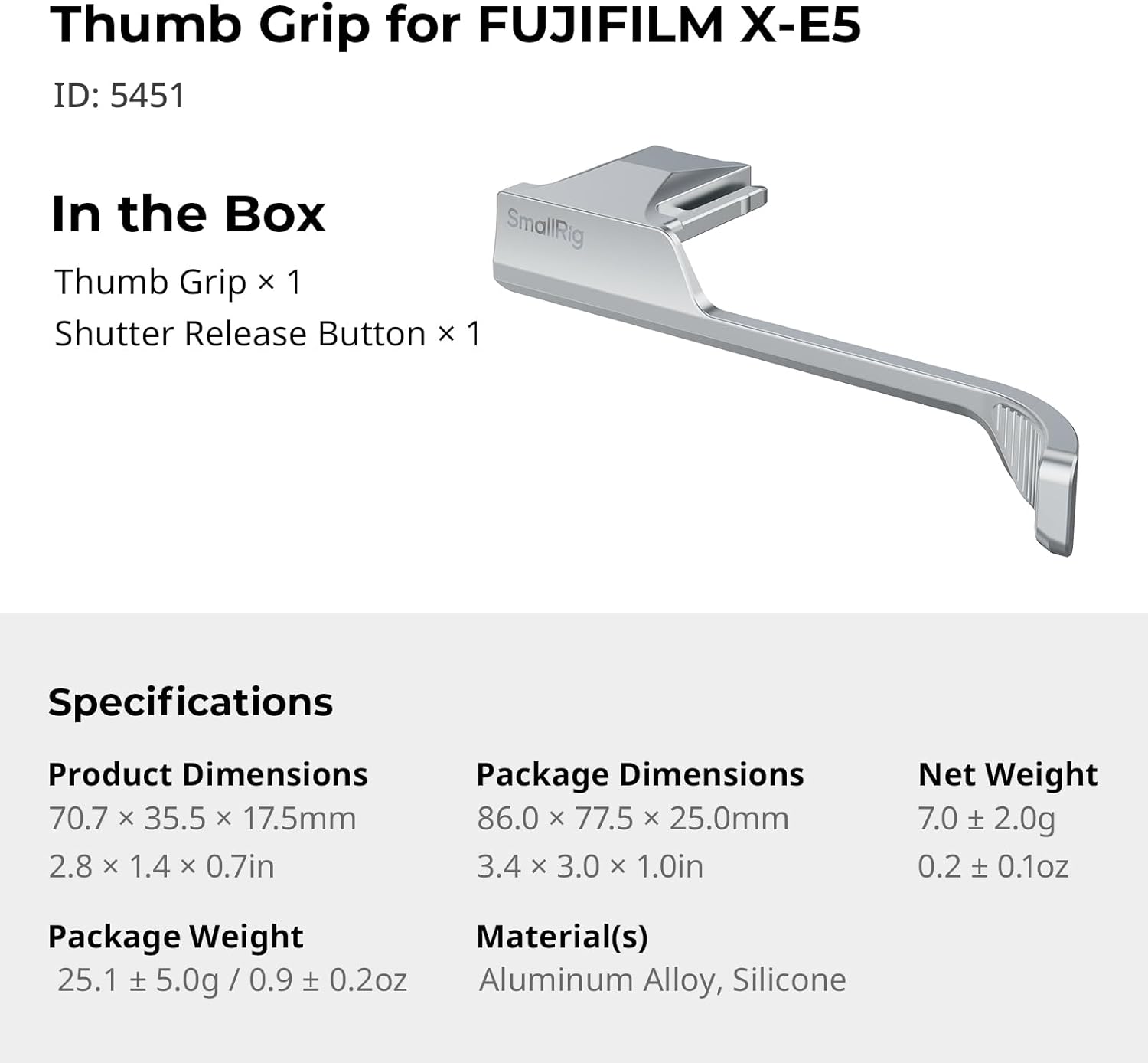 Thumbnail 6 de SMALLRIG Thumb Grip 5451 mit Blitzschuhabdeckung für Fujifilm X-E5 (Silber)