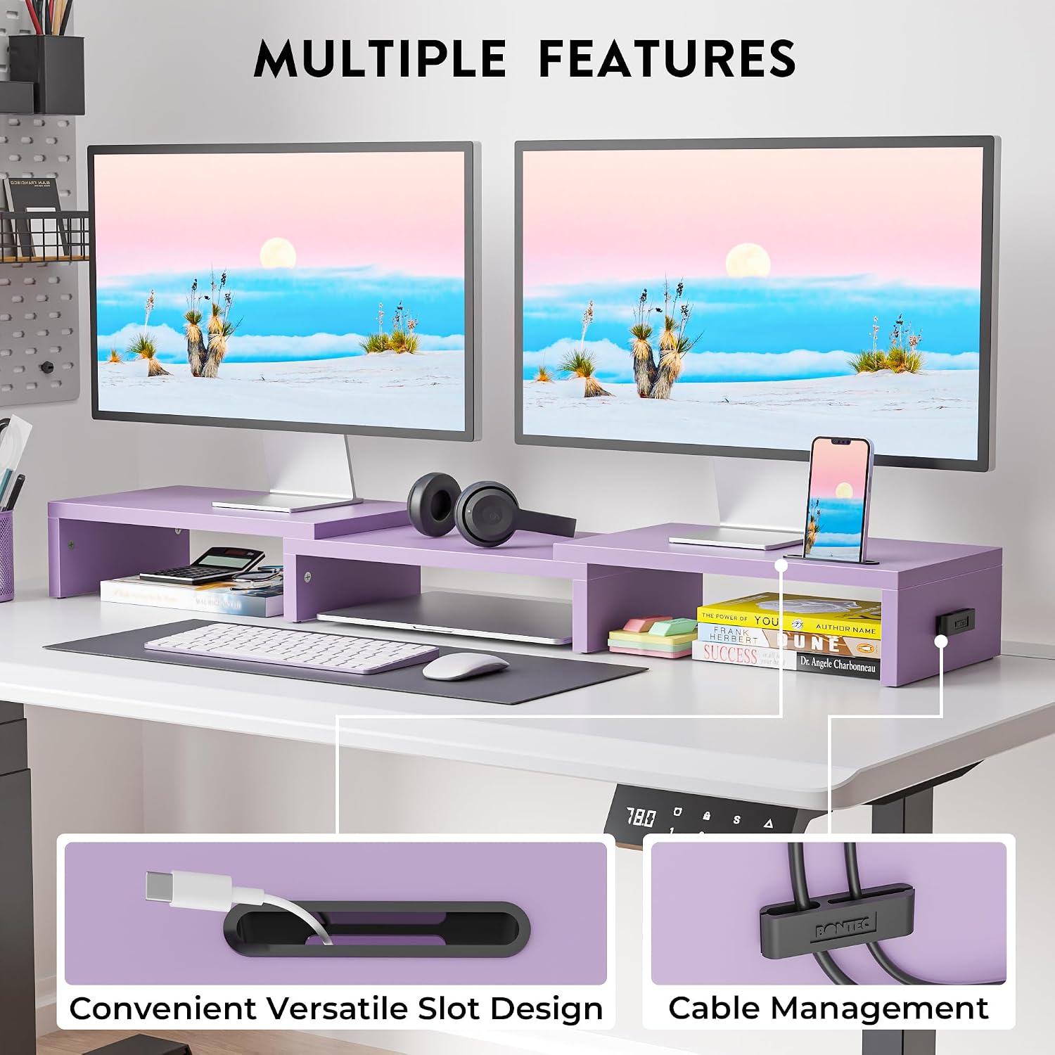 Thumbnail 1 de BONTEC Dual Monitor Stand Riser, Purple Adjustable Wooden Desk Organizer