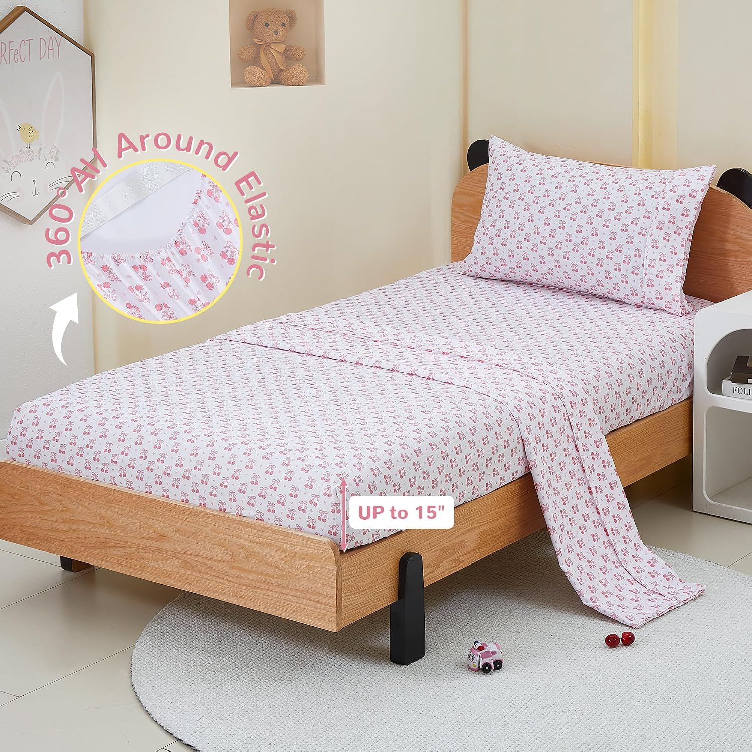 Detalle de Viviland Full Sheet Set for Girls, Pink Cherry Bow Microfibre, 4-Piece