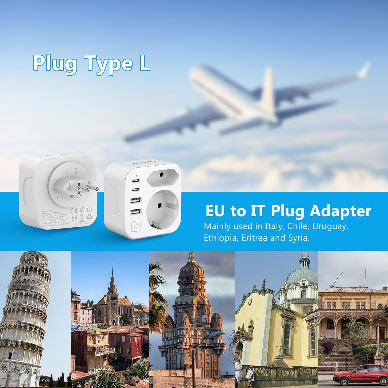 Thumbnail 1 de JSVER Adaptateur de voyage Italie Type-L avec 4 ports USB (6 en 1) bidirectionnel Italie–France