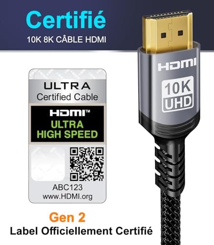Detalle 2 de Sniokco Cable HDMI 2.1 Ultra Haute Vitesse 48 Gbps 1m certifié 8K/4K