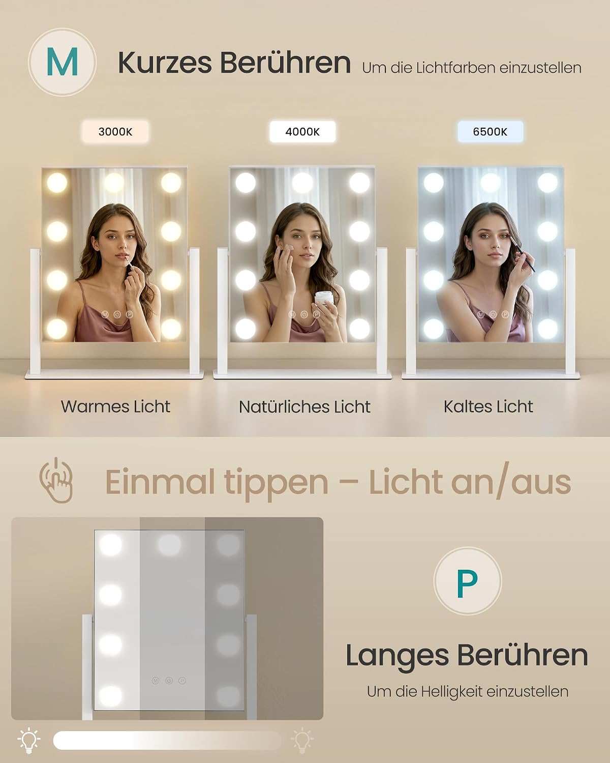 Thumbnail 2 de SONGMICS Schminkspiegel mit Beleuchtung LWM005WC02 – 25 x 30 cm, 9 LED, 3 Lichtfarben, dimmbar, Touch-Steuerung