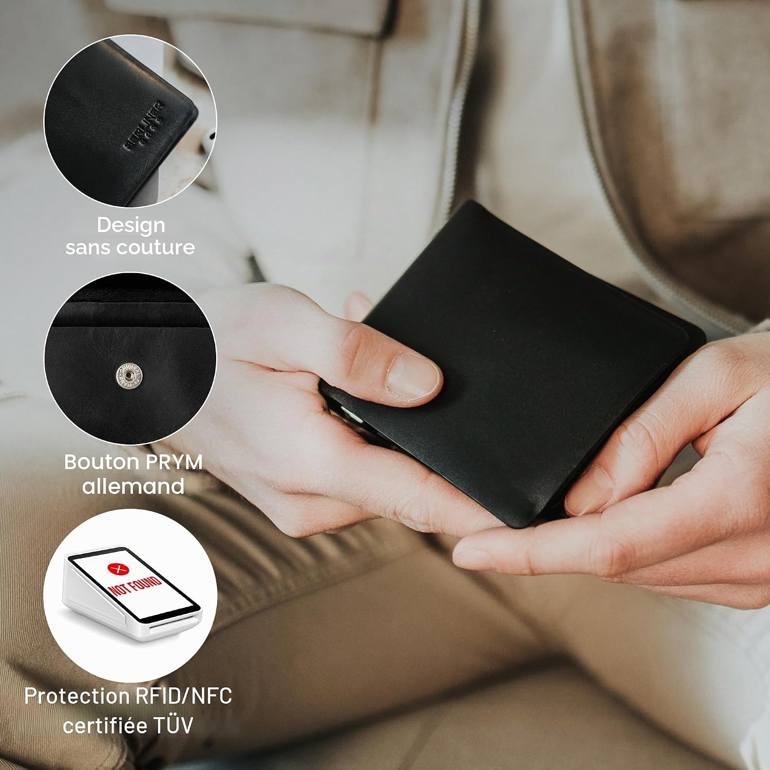 Detalle de Berliner Bags Parker Portefeuille compact en cuir pleine fleur – RFID + boîte cadeau – Noir