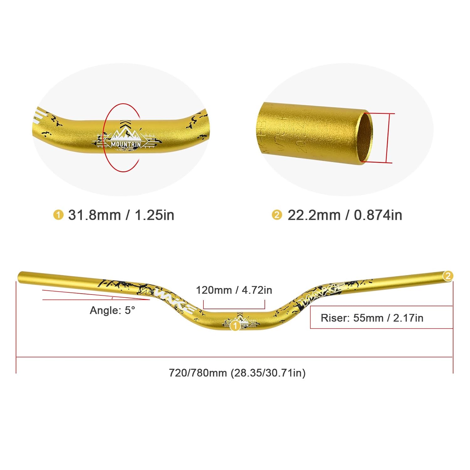 Detalle de Wake Bike Handlebar 31.8mm x 780mm Extra Long Aluminium Alloy Riser Bar (Gold)