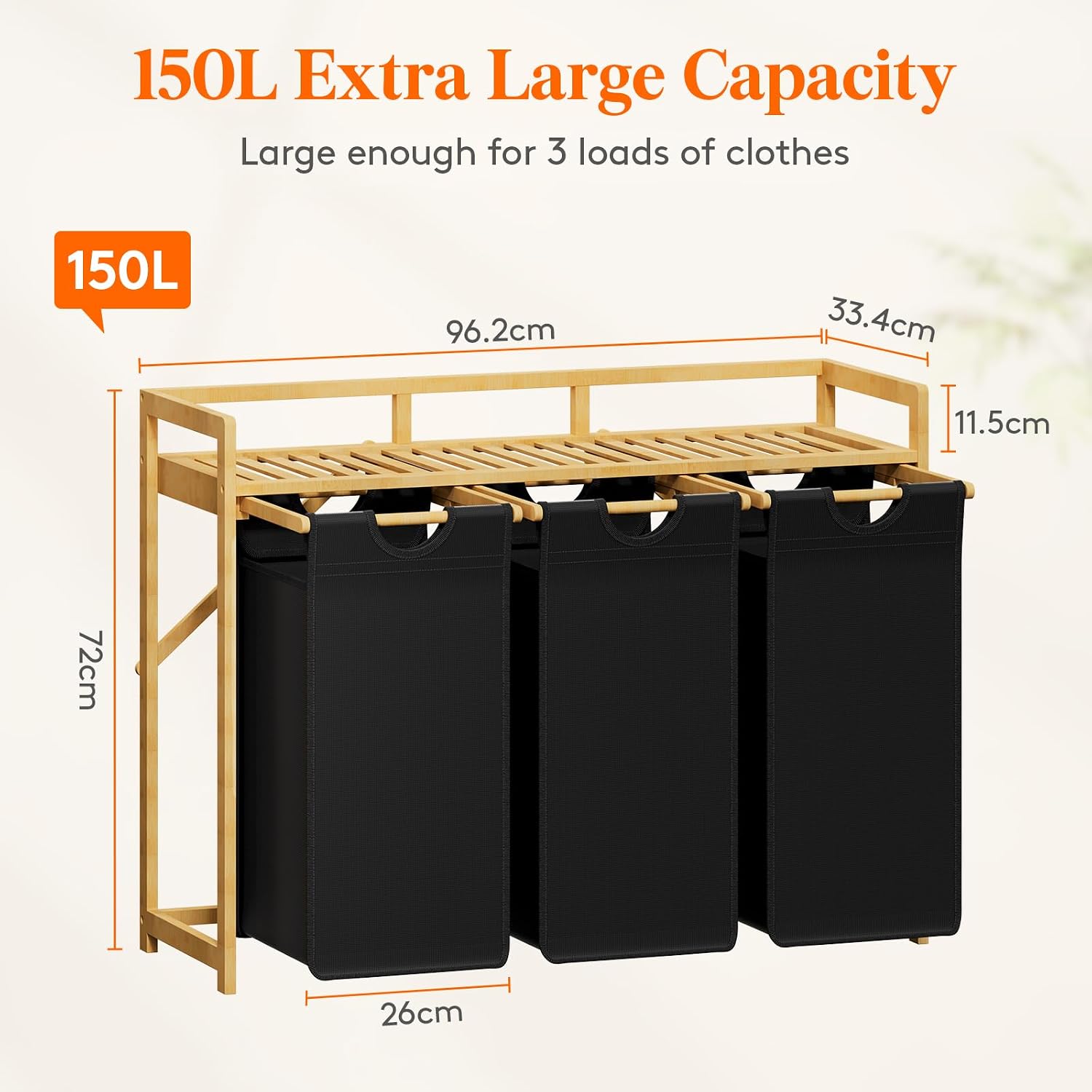 Detalle 2 de Lifewit 24229 Laundry Sorter with Bamboo Frame, 3 Compartments and Shelf