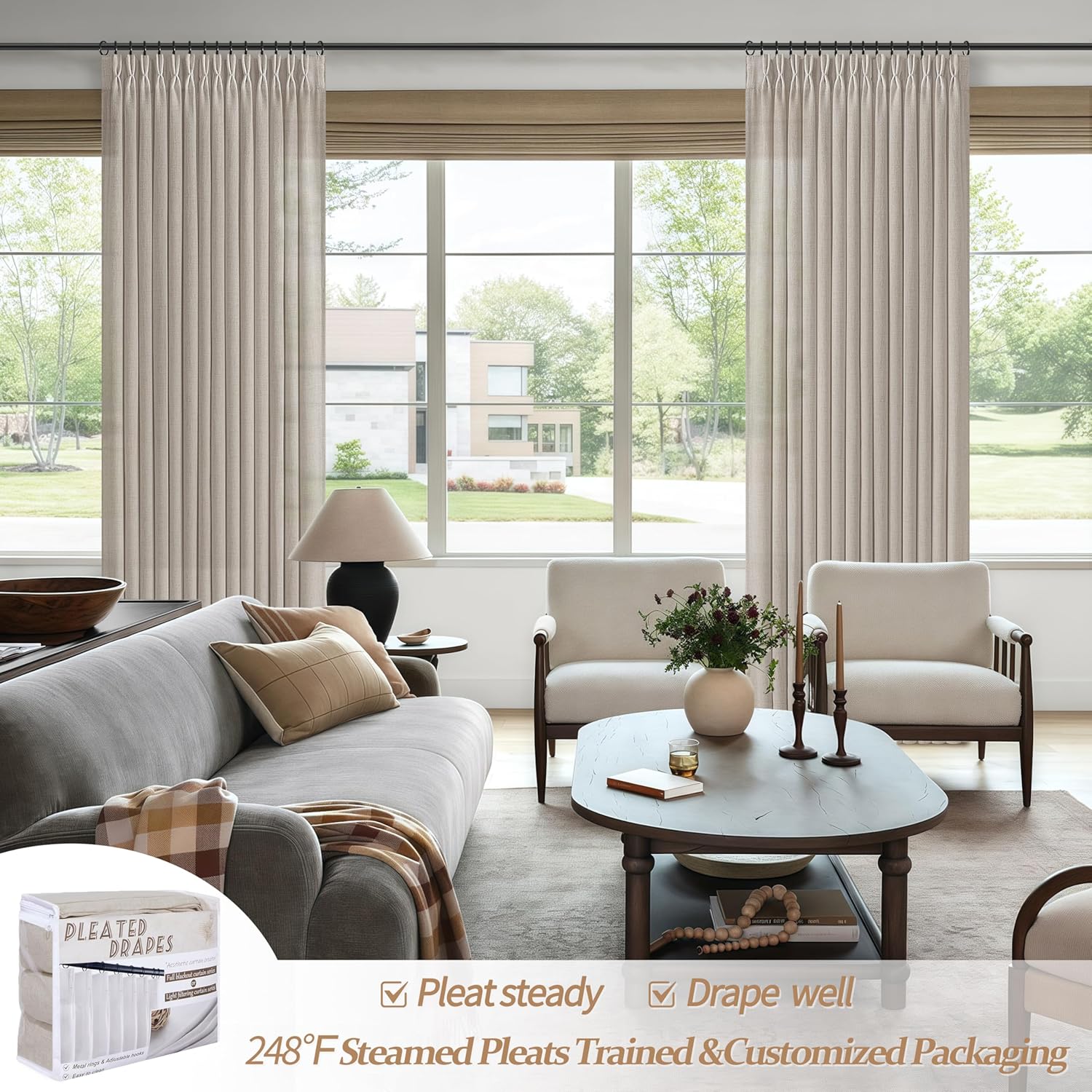 Detalle de Grayish Brown Thick Burlap Semi Sheer Curtains 96 Inches Long – 2 Panels Set