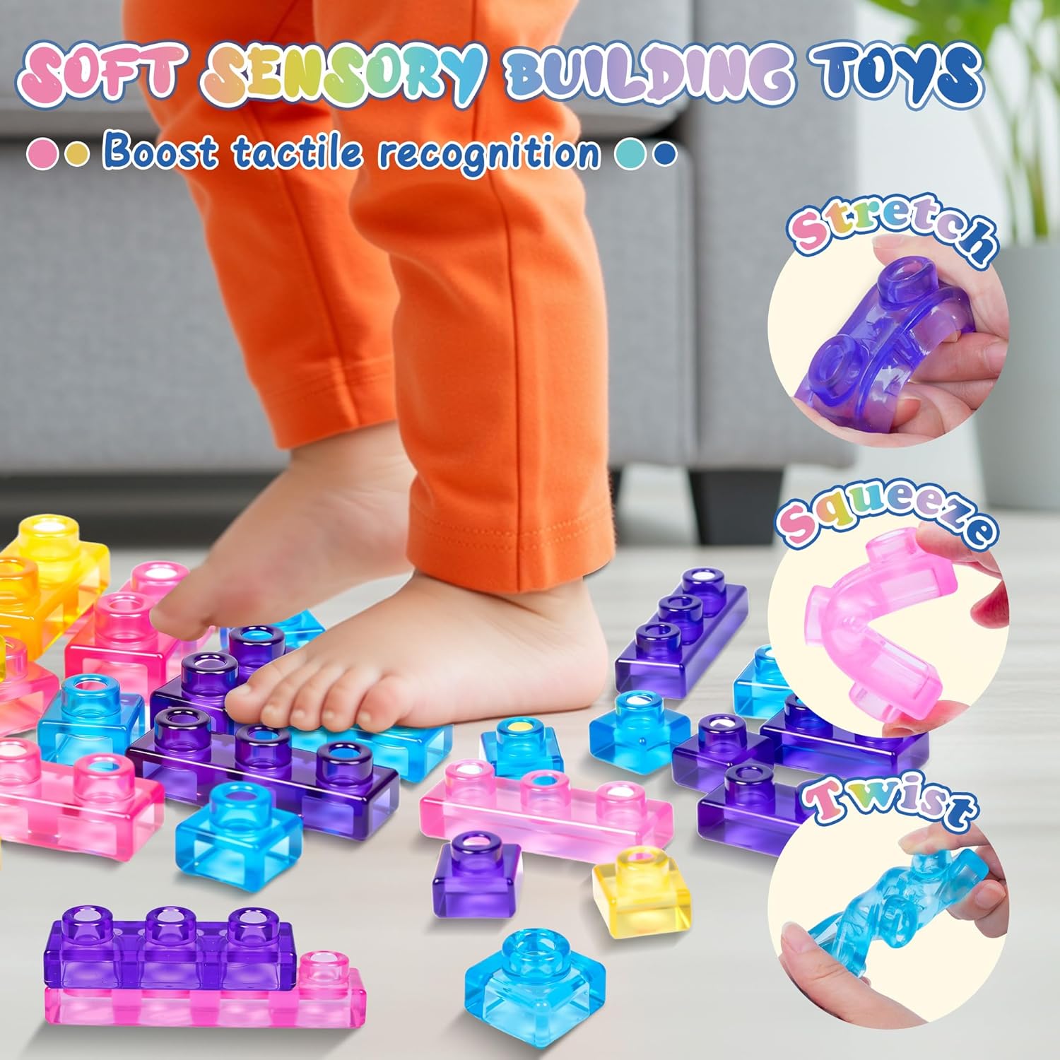 Detalle 2 de JOY SPOT! 40-Piece Sensory Soft Building Blocks for Toddlers (TPE Squishy Stack & Stretch Toy Set)