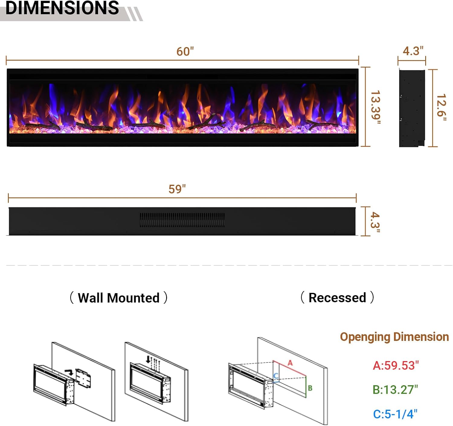 Detalle 2 de Feelcoo 60-Inch Electric Fireplace with 4.3-Inch Frame, Remote and Adjustable Flames