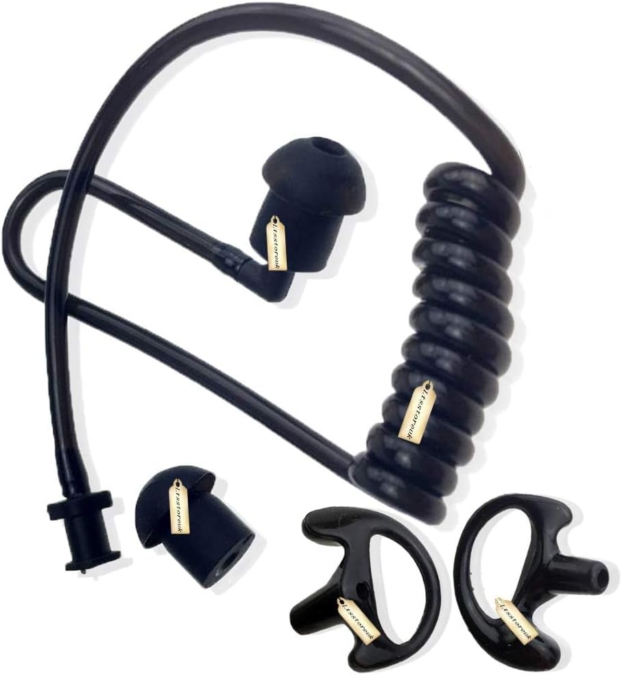 2 Way Radio Earmold Black Medium Soft Rubber Earbuds + Replacement Black Coil Audio Tube for Motorola, Kenwood, Baofeng Radios (Left & Right)