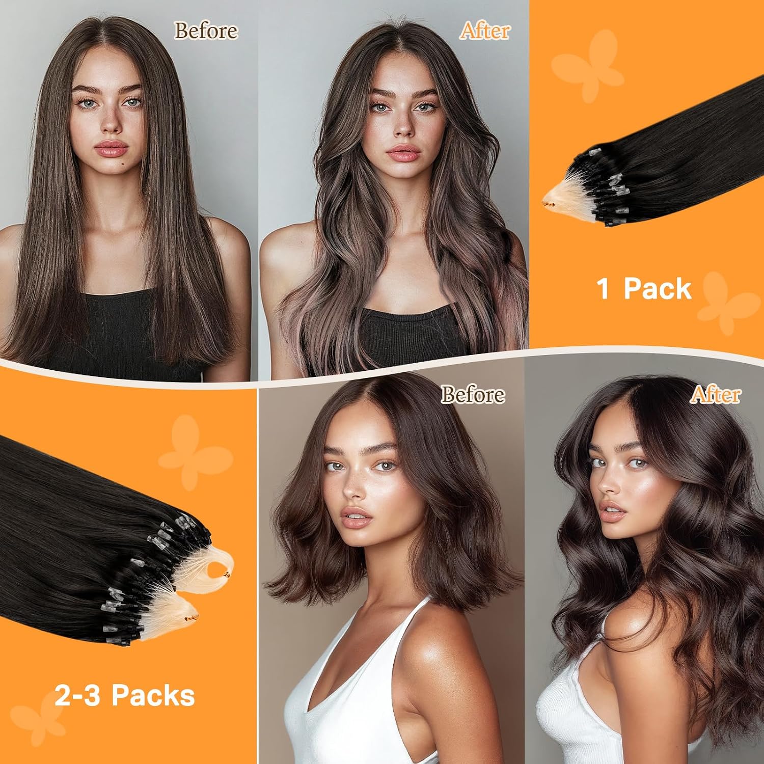 Detalle de DOORES Microlink Hair Extensions Human Hair, Natural Black 22 Inch – Remy Straight Micro Loop Extensions