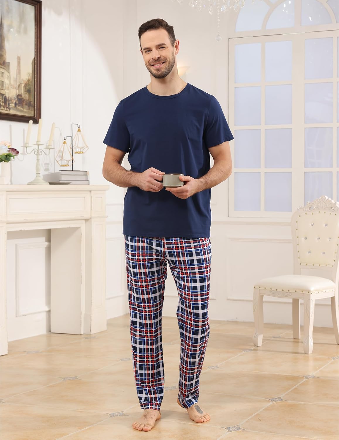 Thumbnail 5 de TeJoyce Men's Pyjamas Set: Cotton Short Sleeve Top & Plaid Long Pants (2-Piece) for Lounge and Sleep