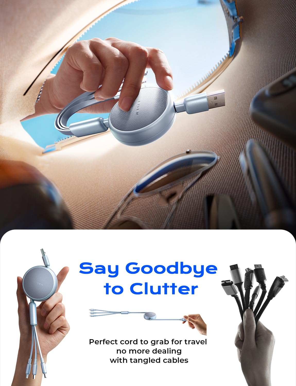 Detalle de LISEN Multi Ladekabel 1.2 m für iPhone 17 Pro – 3-in-1 USB-C/Micro-USB/Lightning Auto-Ladekabel