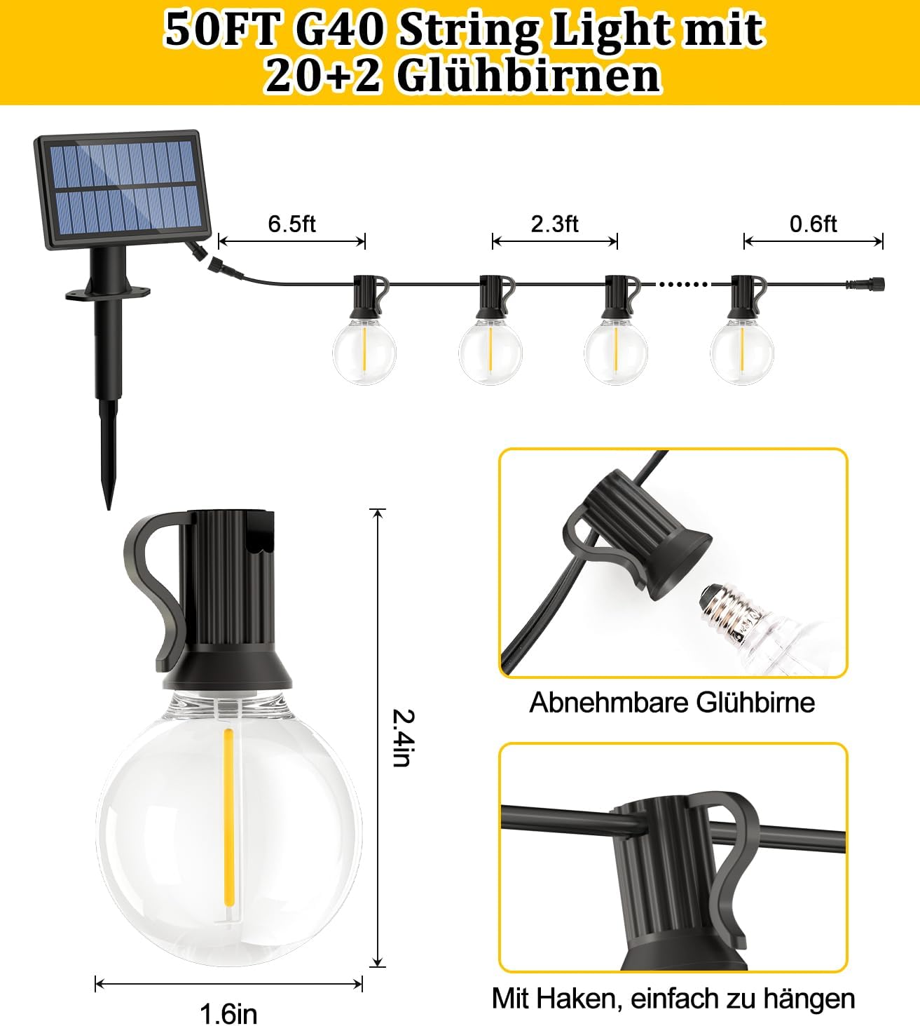 Thumbnail 3 de Solar-Fernbedienung LED-Lichterkette für außen (15 m) mit G40-Lampen, 3 Lichtmodi & IP44
