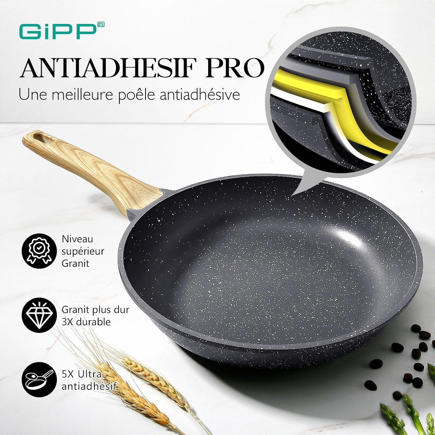 Detalle de GiPP G-AS2-SKI koekenpan 28 cm met 5-laagse antiaanbaklaag