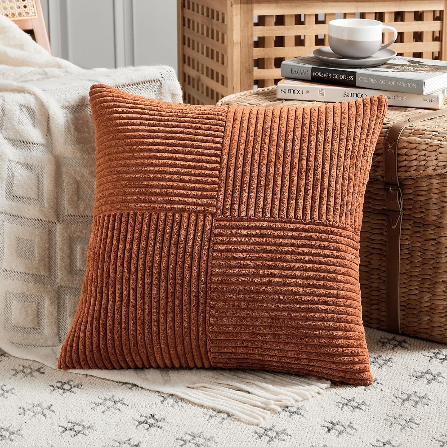 Detalle de FDTERN 2er Set Rostrot Kordsamt-Kissenbezüge 40x40 cm – Weich, Modern, Deco-Kissen