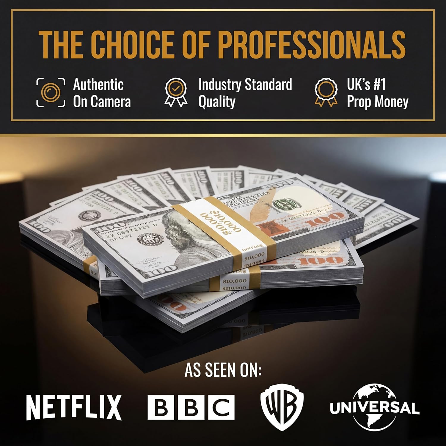 Thumbnail 5 de Big Screen Stacks prop money fake dollars ($10,000 full print) – 100 double-sided notes for film, TV, photography & more (UK)