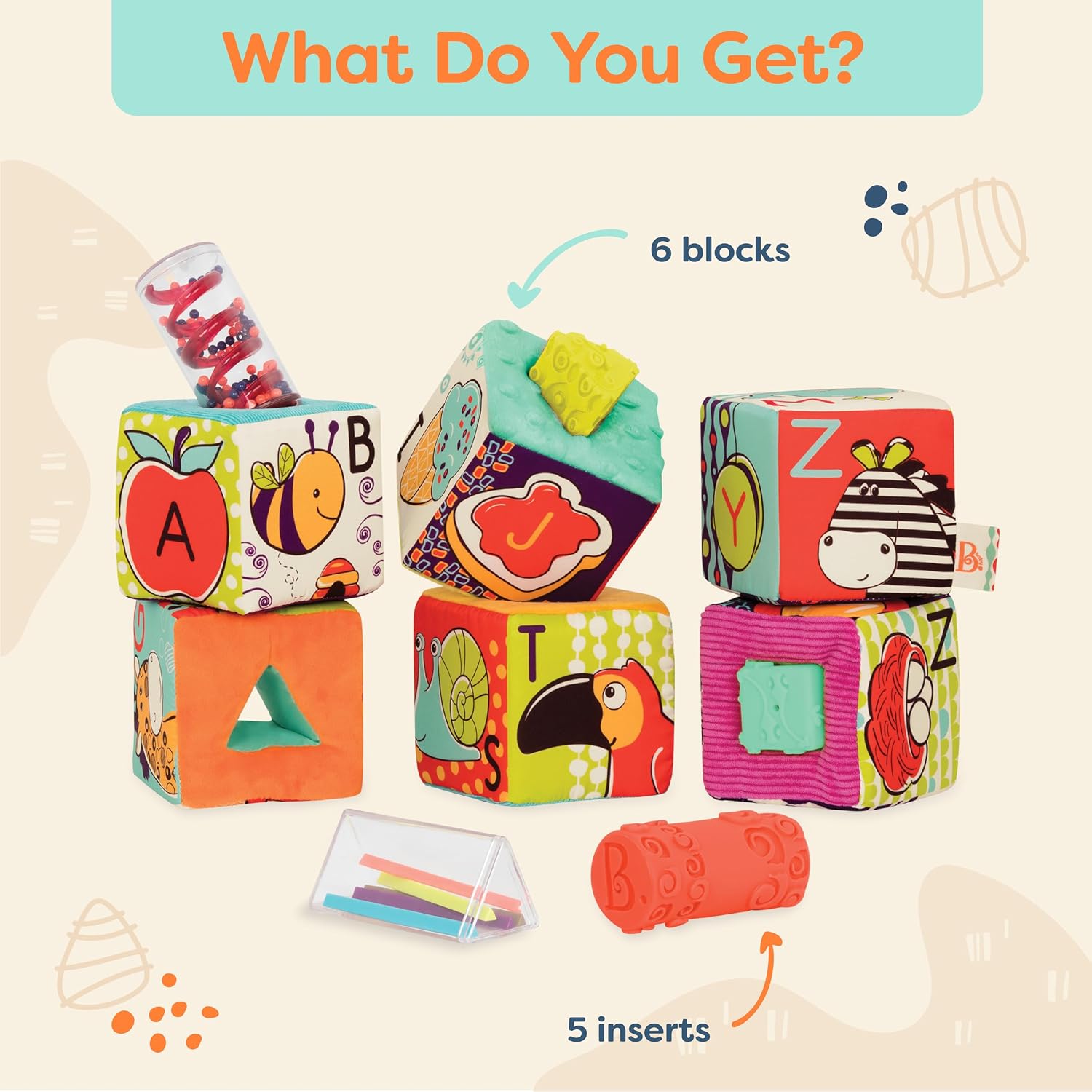 Detalle 2 de B. toys aBc Block Party 6pcs – miękkie klocki z wkładkami do grzechotania