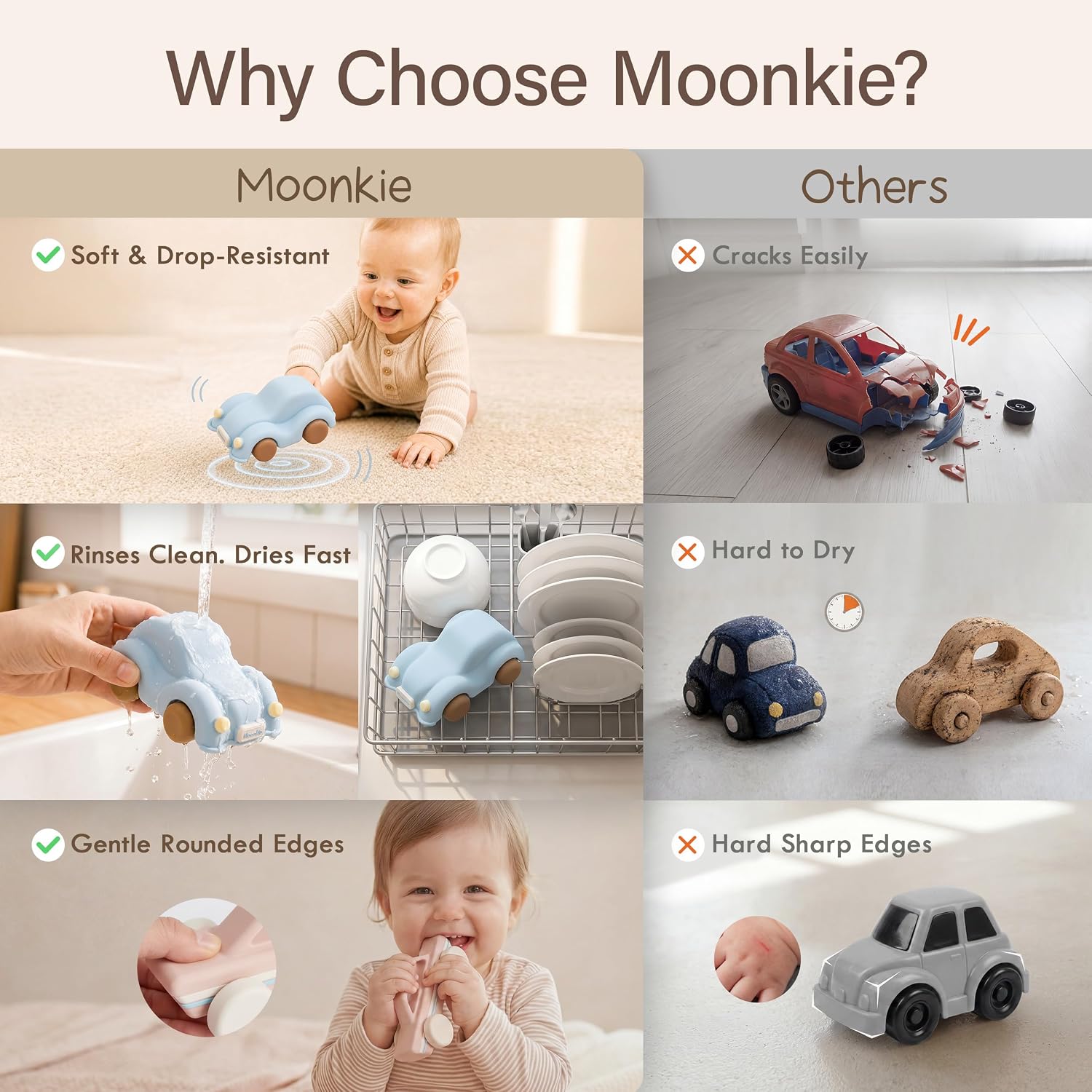 Detalle de Moonkie Roll & Go Auto Spielzeug-Set (3er Pack) aus Silikon, BPA-frei – für Babys ab 6 Monaten