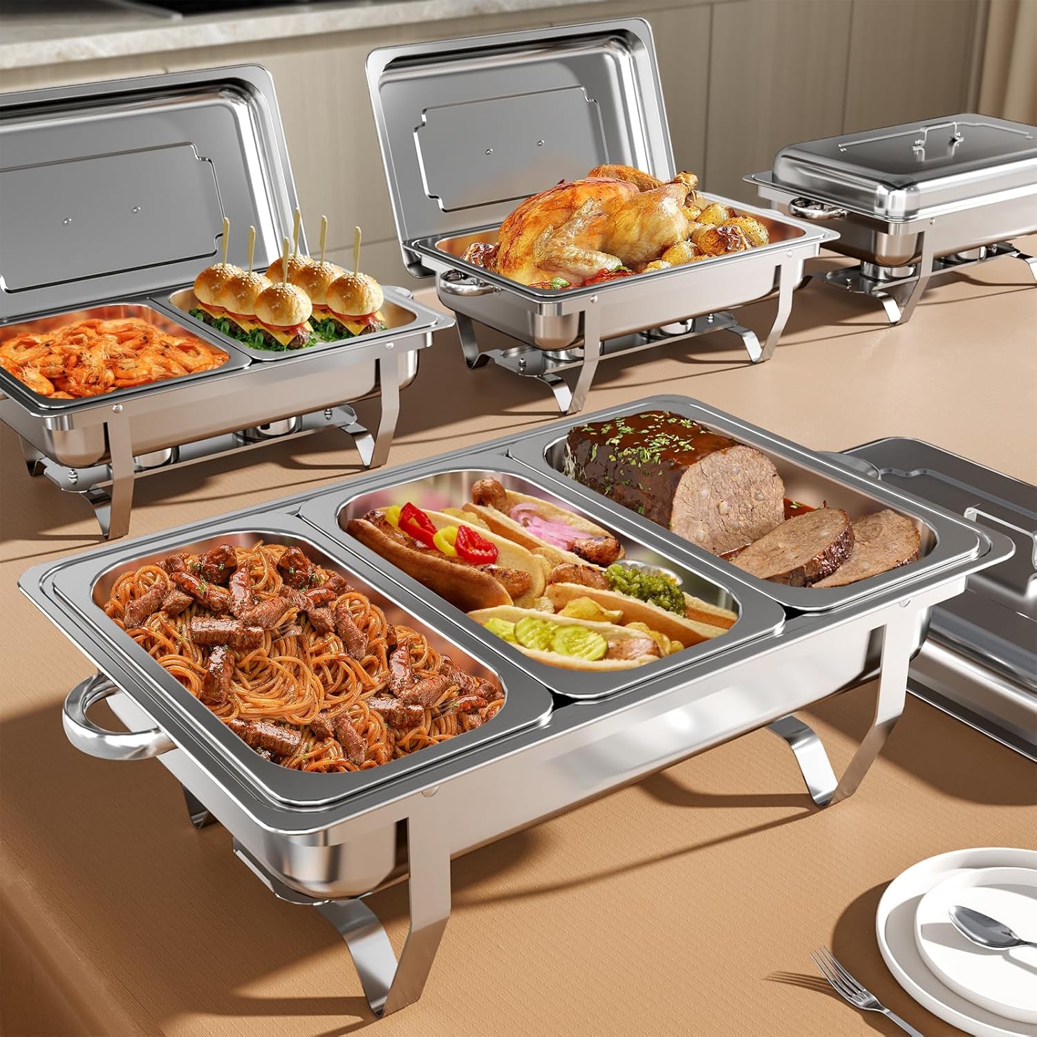 Detalle de Amhier 9Qt Chafing Dishes for Buffet, 4-Pack in Silver