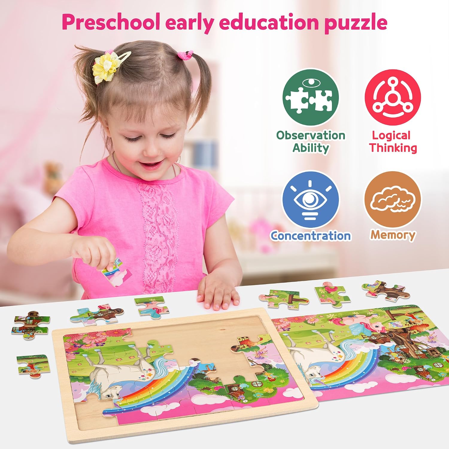 Detalle 2 de SYNARRY Unicorn Princess Fairy wooden jigsaw puzzle set (4 packs, 24 pieces) for ages 3–6