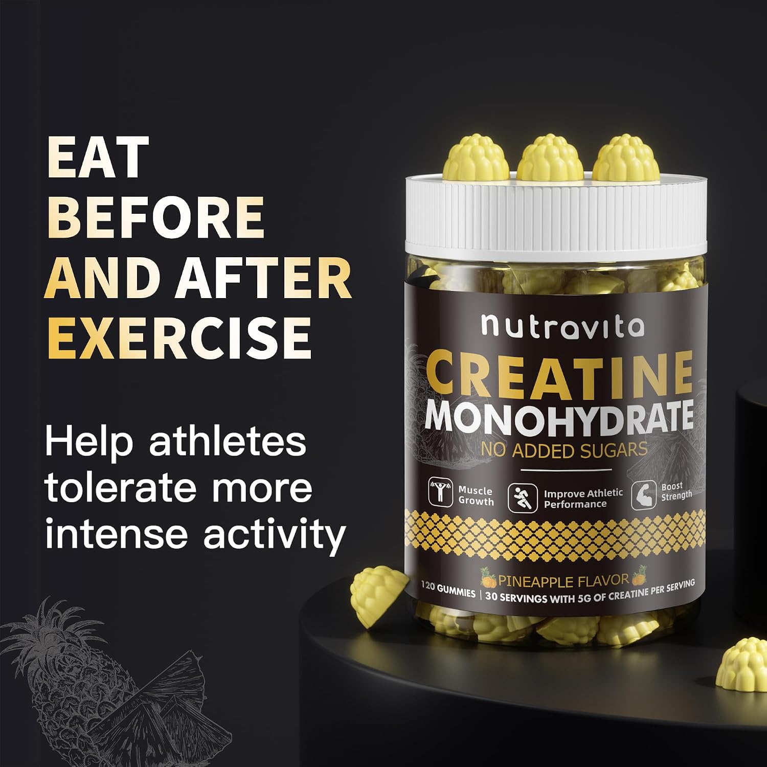 Detalle 1 de Nutravita Creatine Monohydrate Gummies, 5 g per Serving, Pineapple, 120 Count