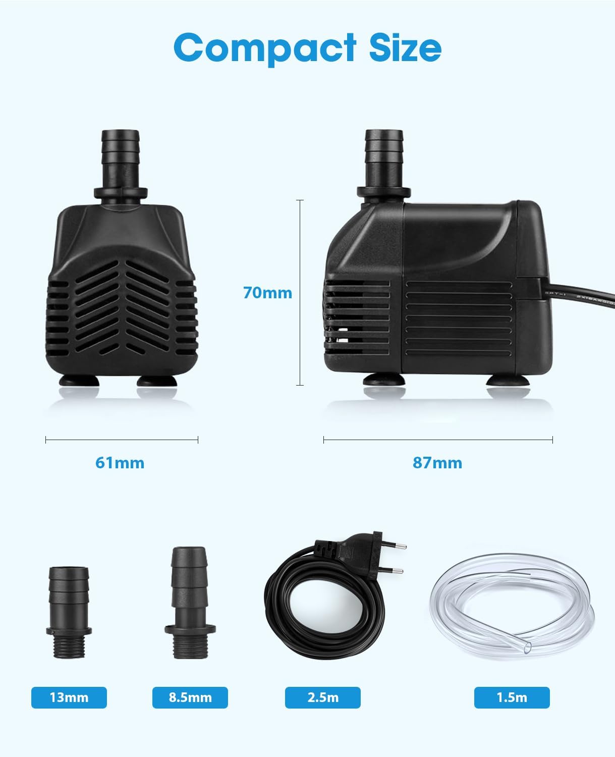 Thumbnail 4 de Wasserpumpe Klein Tauchpumpe 25W (bis 1500 l/h) – mit 2,5 m Kabel, 1,5 m Schlauch und 2 Düsen